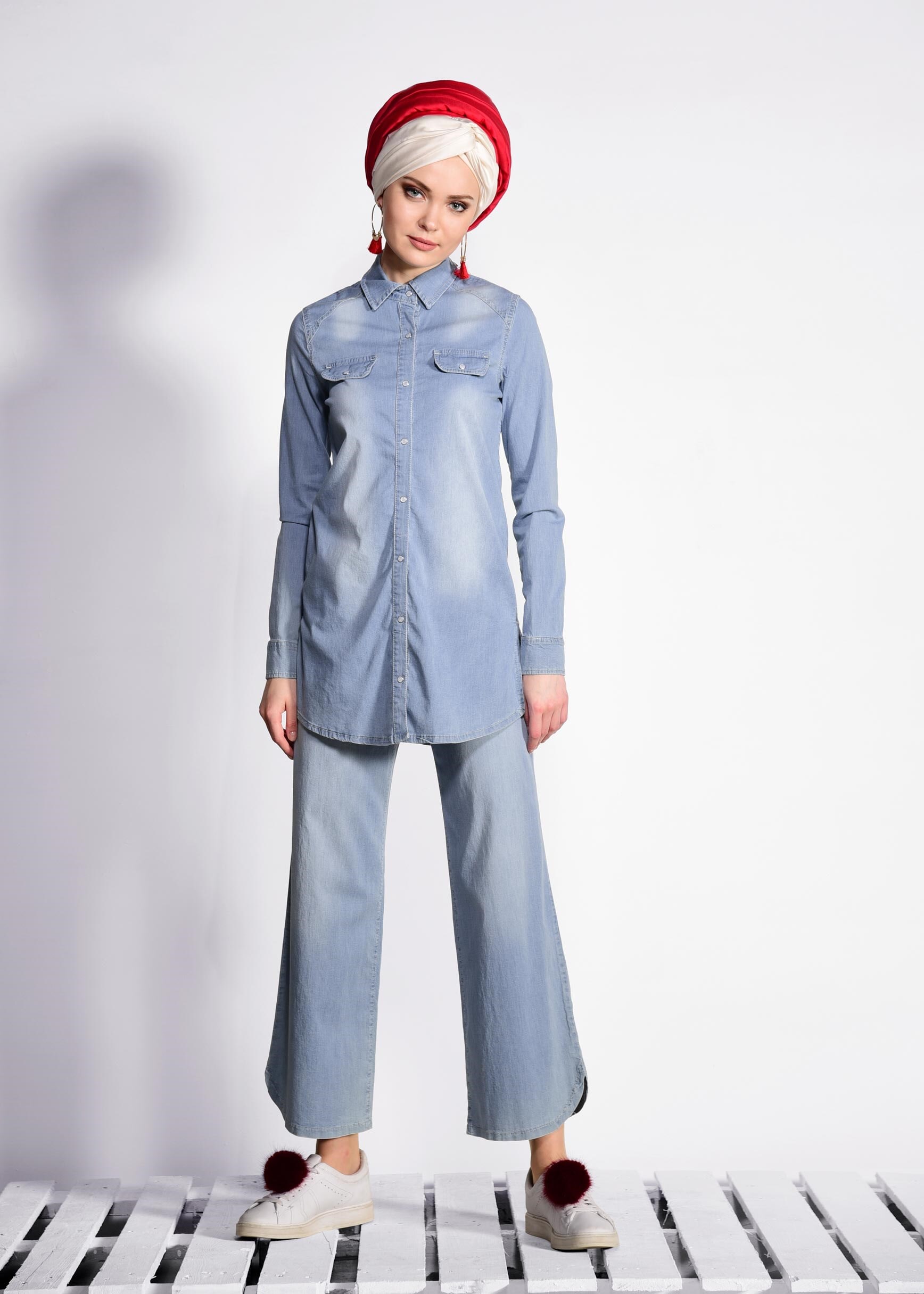 Tesettür giyim MAVİ DENİM 2&prime;Lİ PANTOLONLU TAKIM 4949