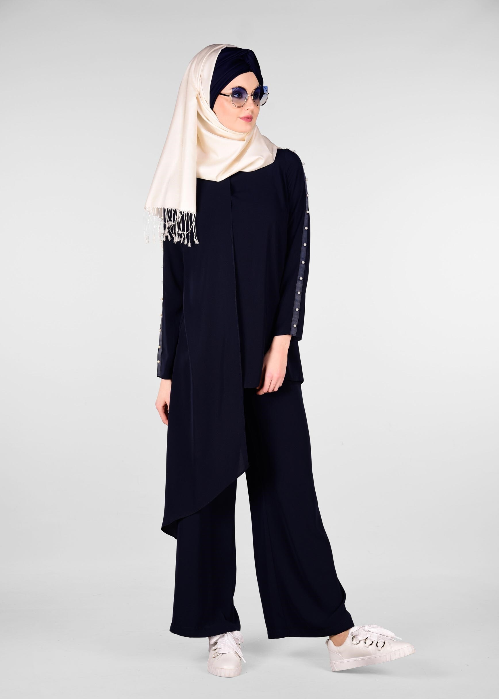 Tesettür giyim LACİVERT KOLLARI İNCİ İŞLEMELİ 2&prime;Lİ PANTOLONLU TAKIM 4958