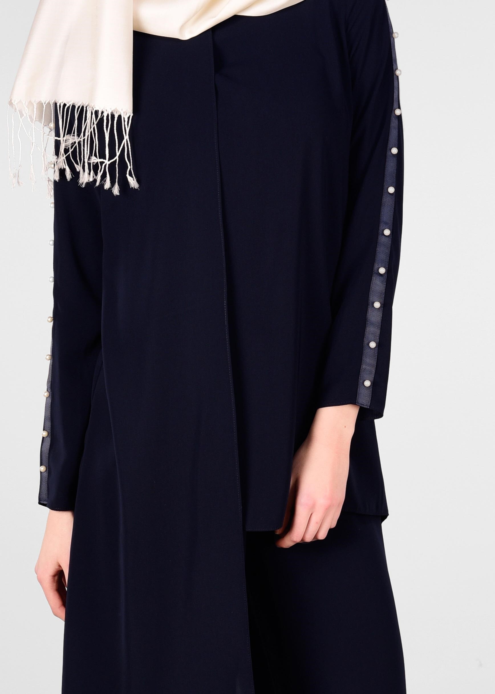 Tesettür giyim LACİVERT KOLLARI İNCİ İŞLEMELİ 2&prime;Lİ PANTOLONLU TAKIM 4958