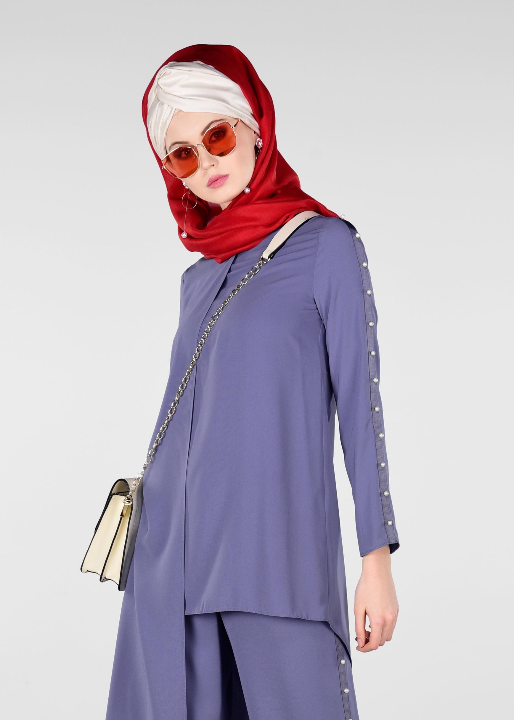 Tesettür giyim LACİVERT KOLLARI İNCİ İŞLEMELİ 2&prime;Lİ PANTOLONLU TAKIM 4958