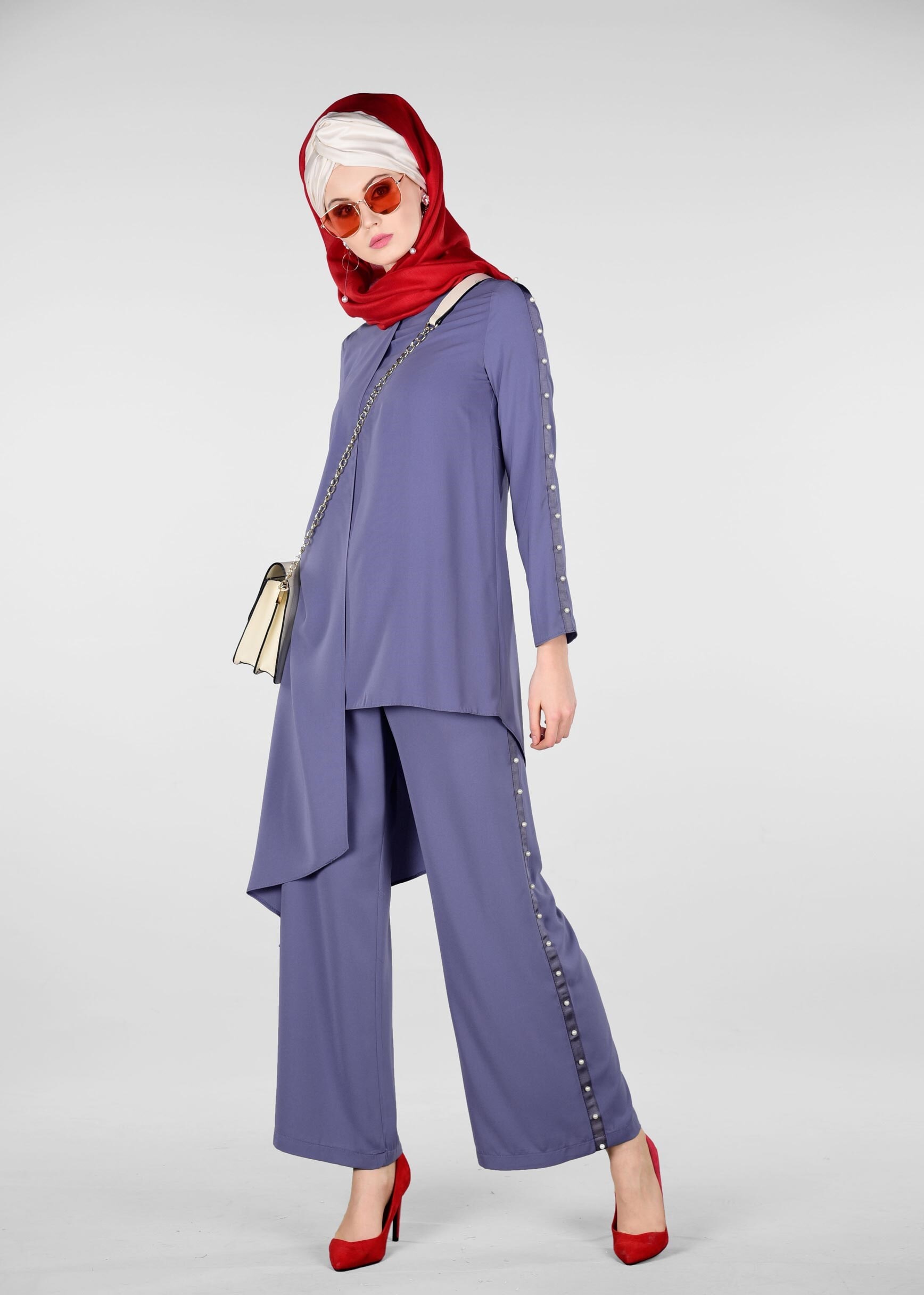 Tesettür giyim LACİVERT KOLLARI İNCİ İŞLEMELİ 2&prime;Lİ PANTOLONLU TAKIM 4958