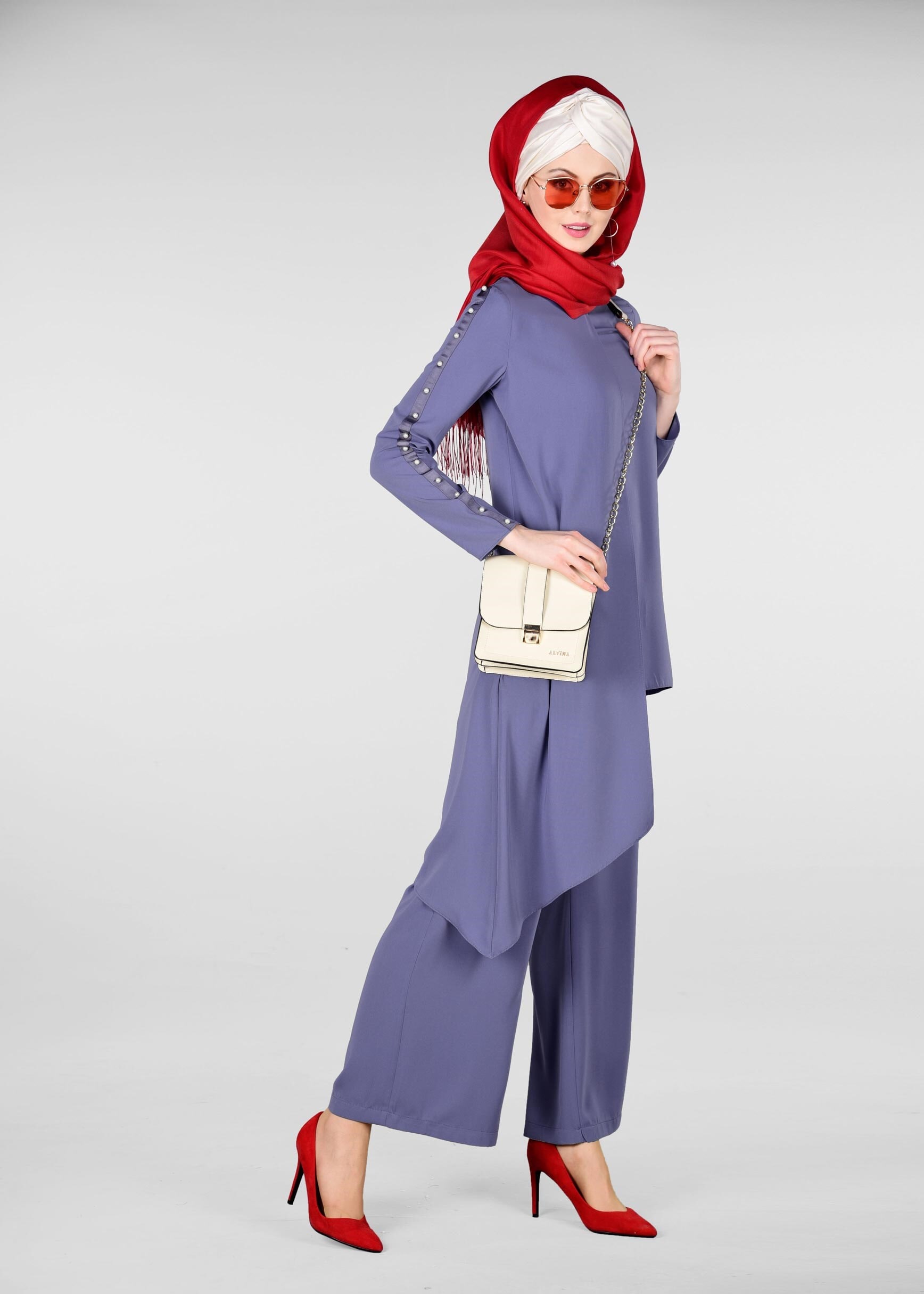 Tesettür giyim LACİVERT KOLLARI İNCİ İŞLEMELİ 2&prime;Lİ PANTOLONLU TAKIM 4958