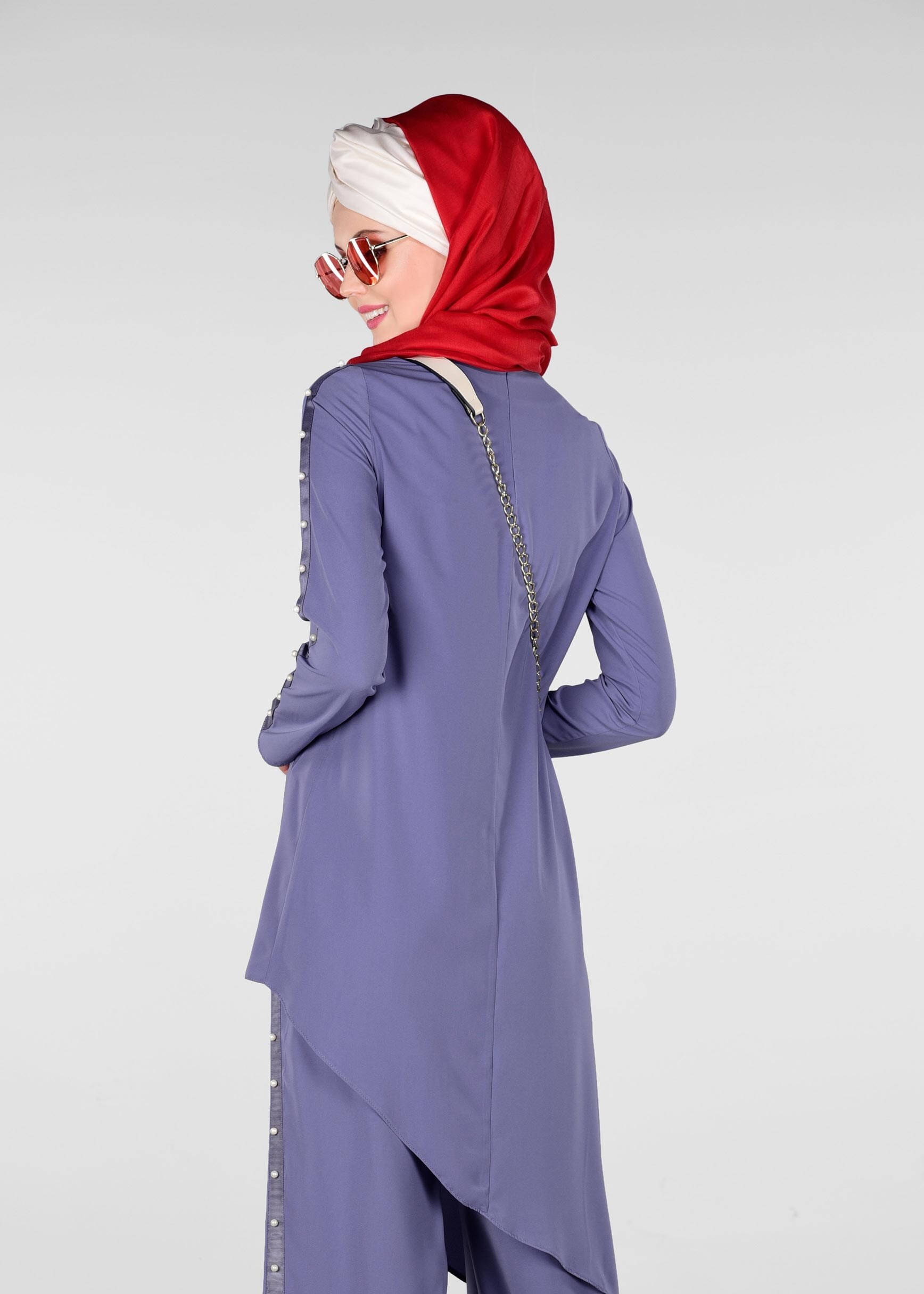 Tesettür giyim LACİVERT KOLLARI İNCİ İŞLEMELİ 2&prime;Lİ PANTOLONLU TAKIM 4958