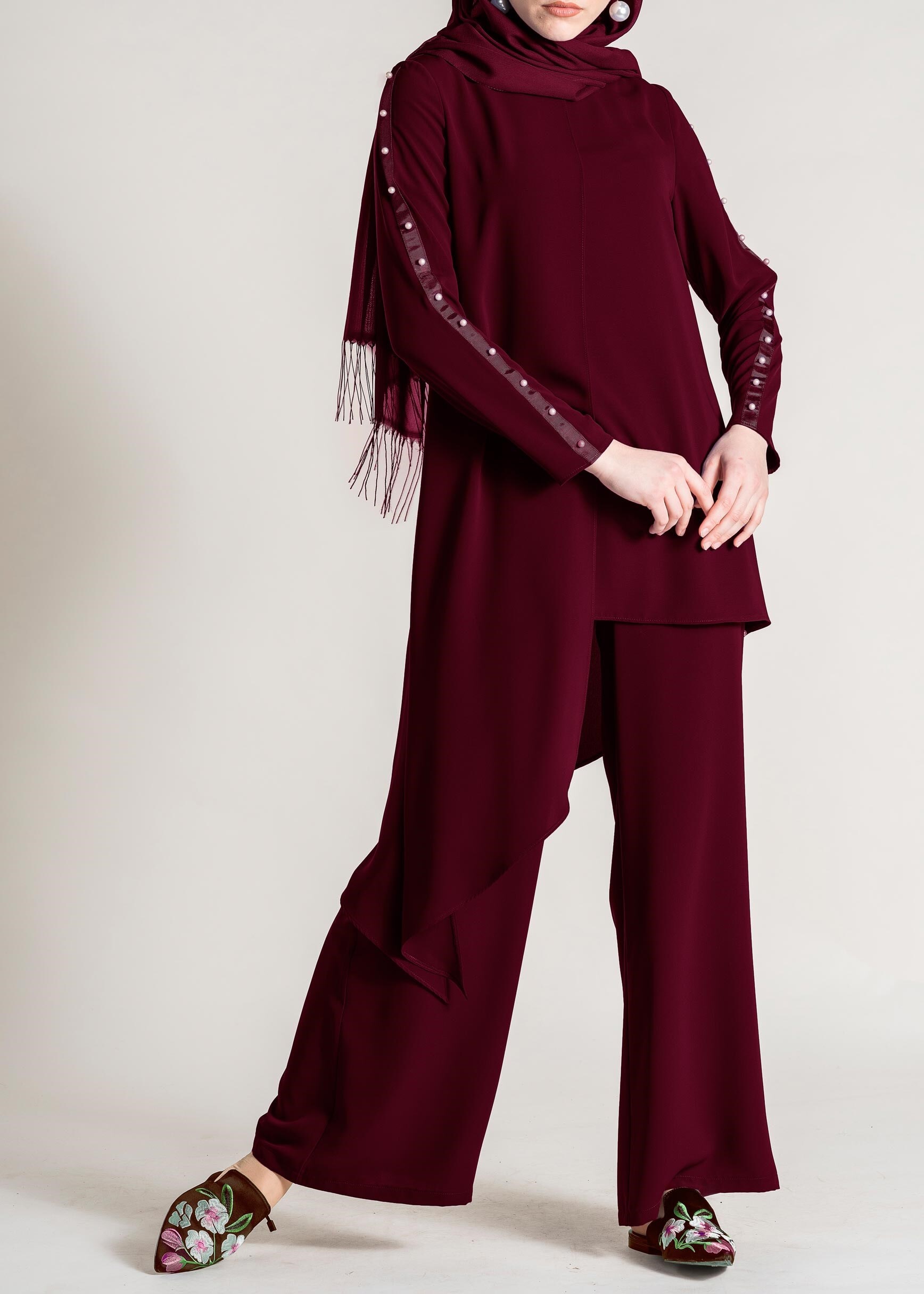 Tesettür giyim BORDO KOLLARI İNCİ İŞLEMELİ 2&prime;Lİ PANTOLONLU TAKIM 4958