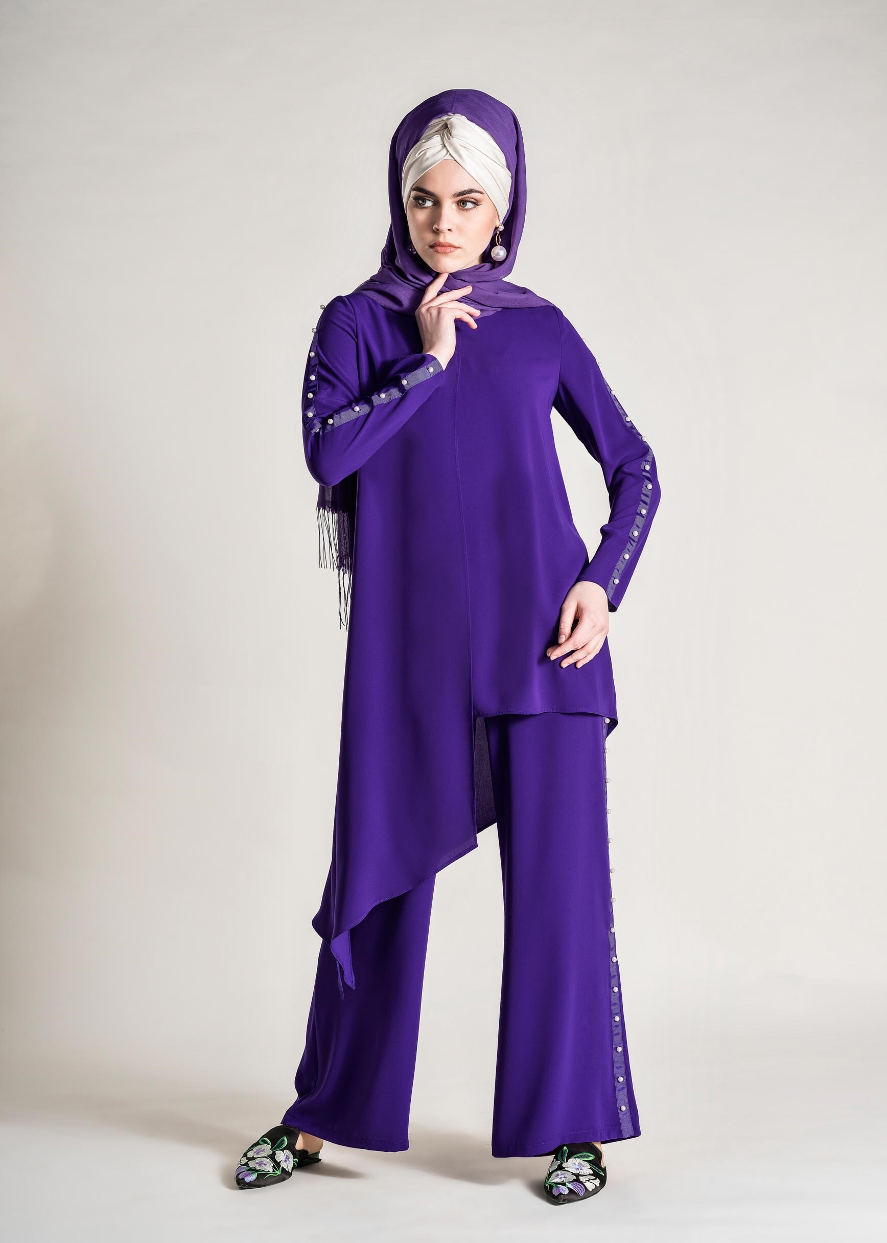 Tesettür giyim MAVİ KOLLARI İNCİ İŞLEMELİ 2&prime;Lİ PANTOLONLU TAKIM 4958