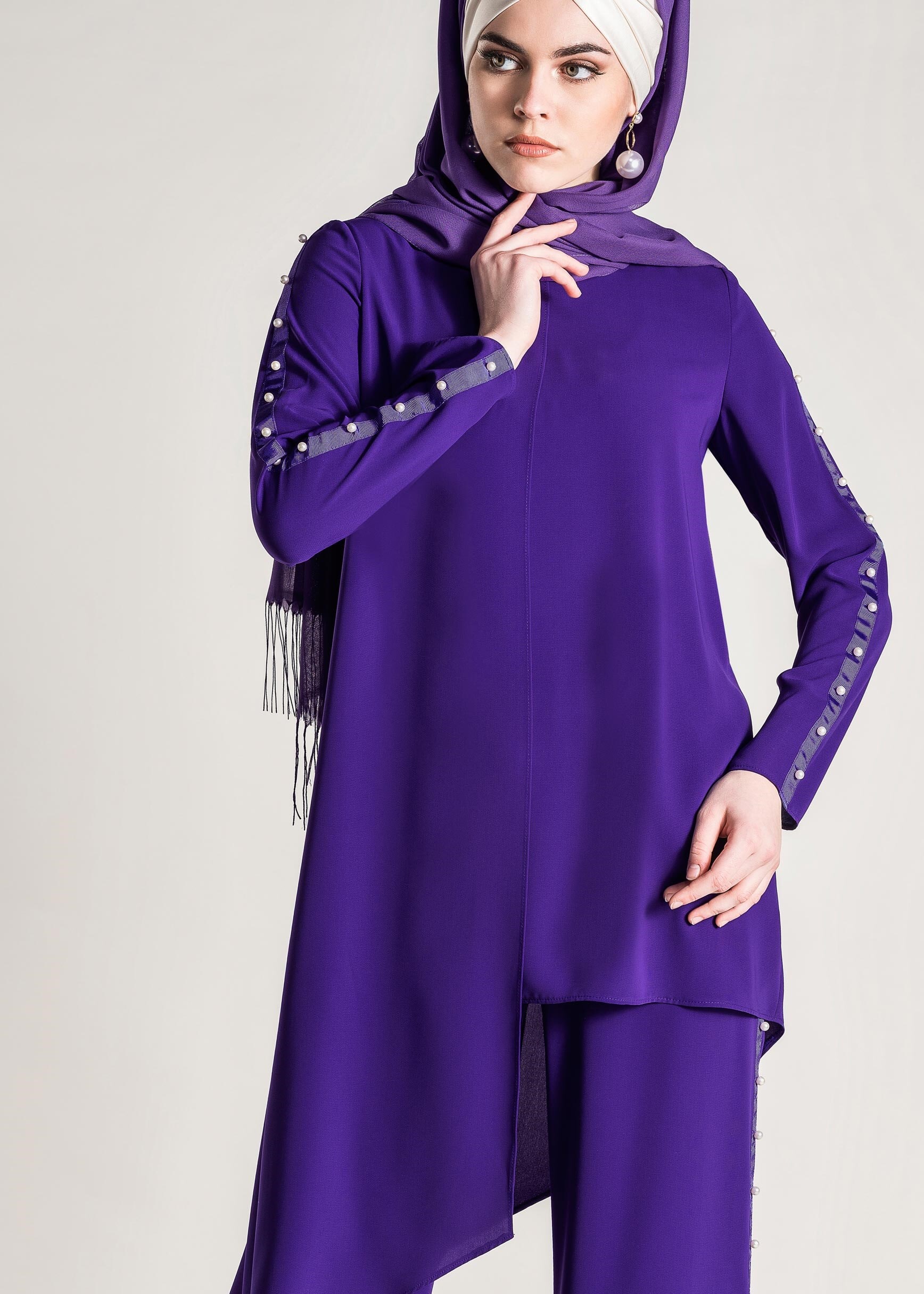 Tesettür giyim MAVİ KOLLARI İNCİ İŞLEMELİ 2&prime;Lİ PANTOLONLU TAKIM 4958