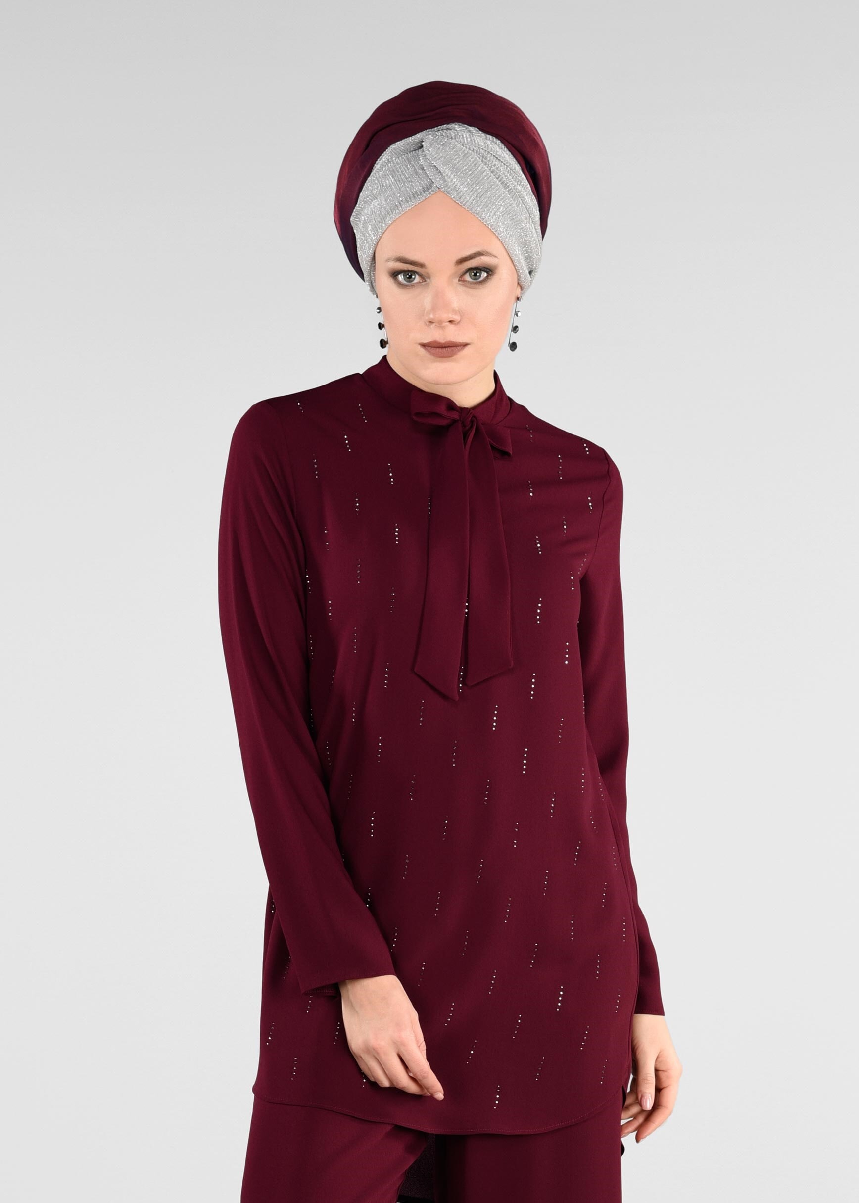 Tesettür giyim MÜRDÜM TAŞ BASKILI 2&prime;Lİ PANTOLONLU TAKIM 4960