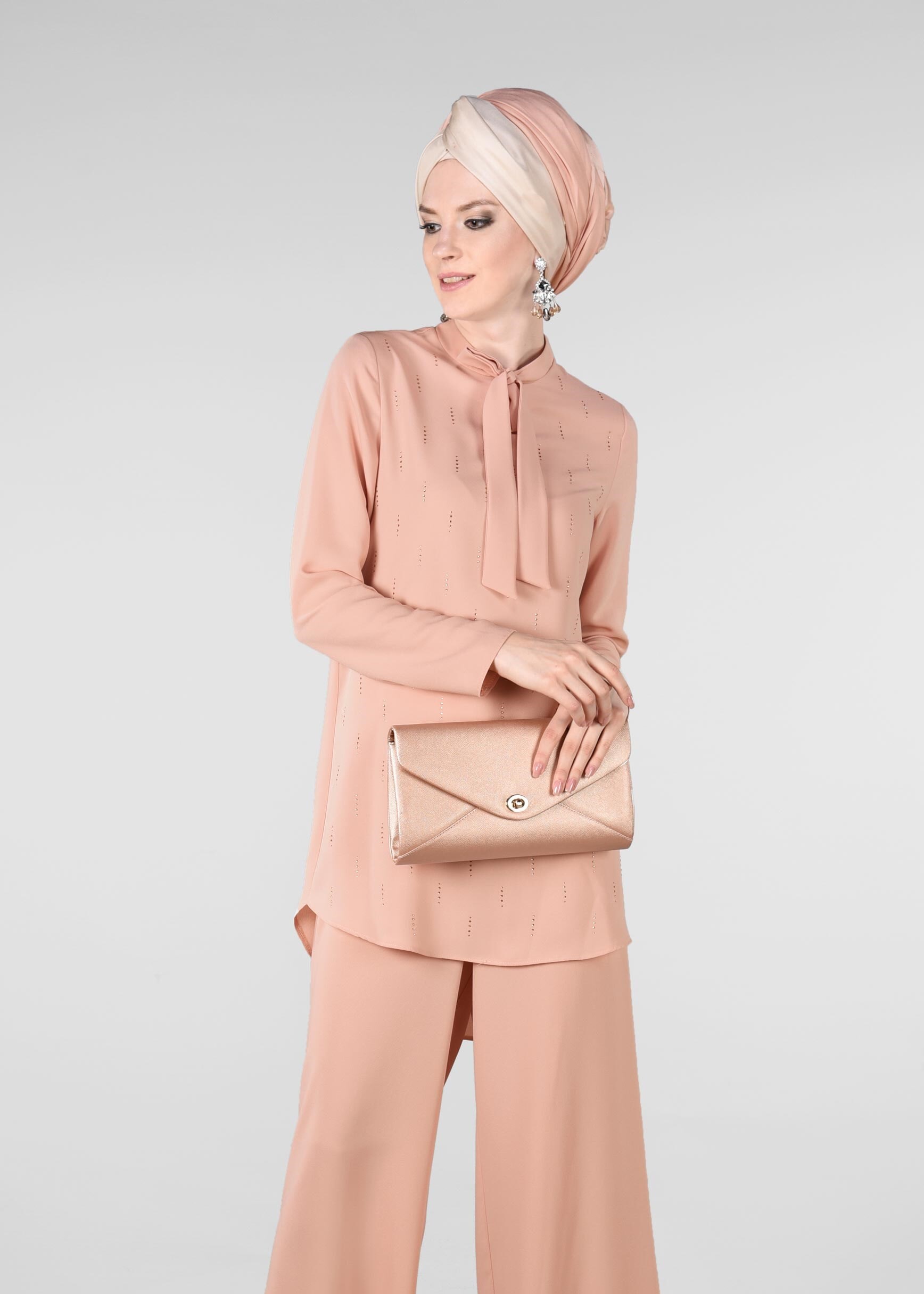 Tesettür giyim PUDRA TAŞ BASKILI 2&prime;Lİ PANTOLONLU TAKIM 4960