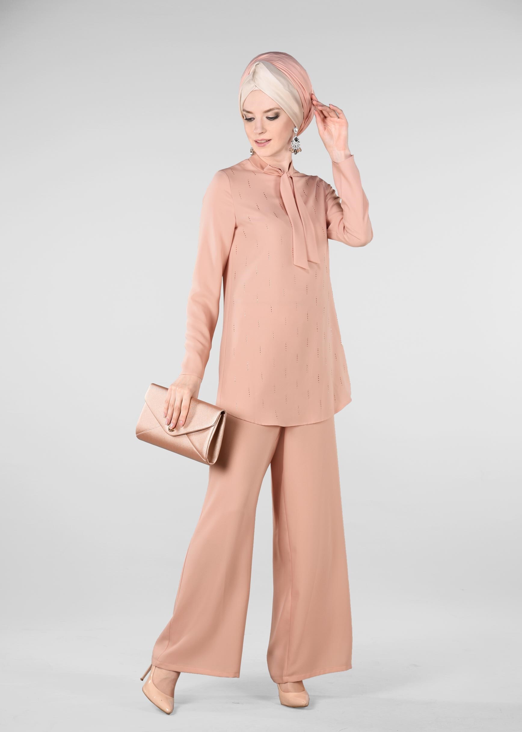 Tesettür giyim PUDRA TAŞ BASKILI 2&prime;Lİ PANTOLONLU TAKIM 4960