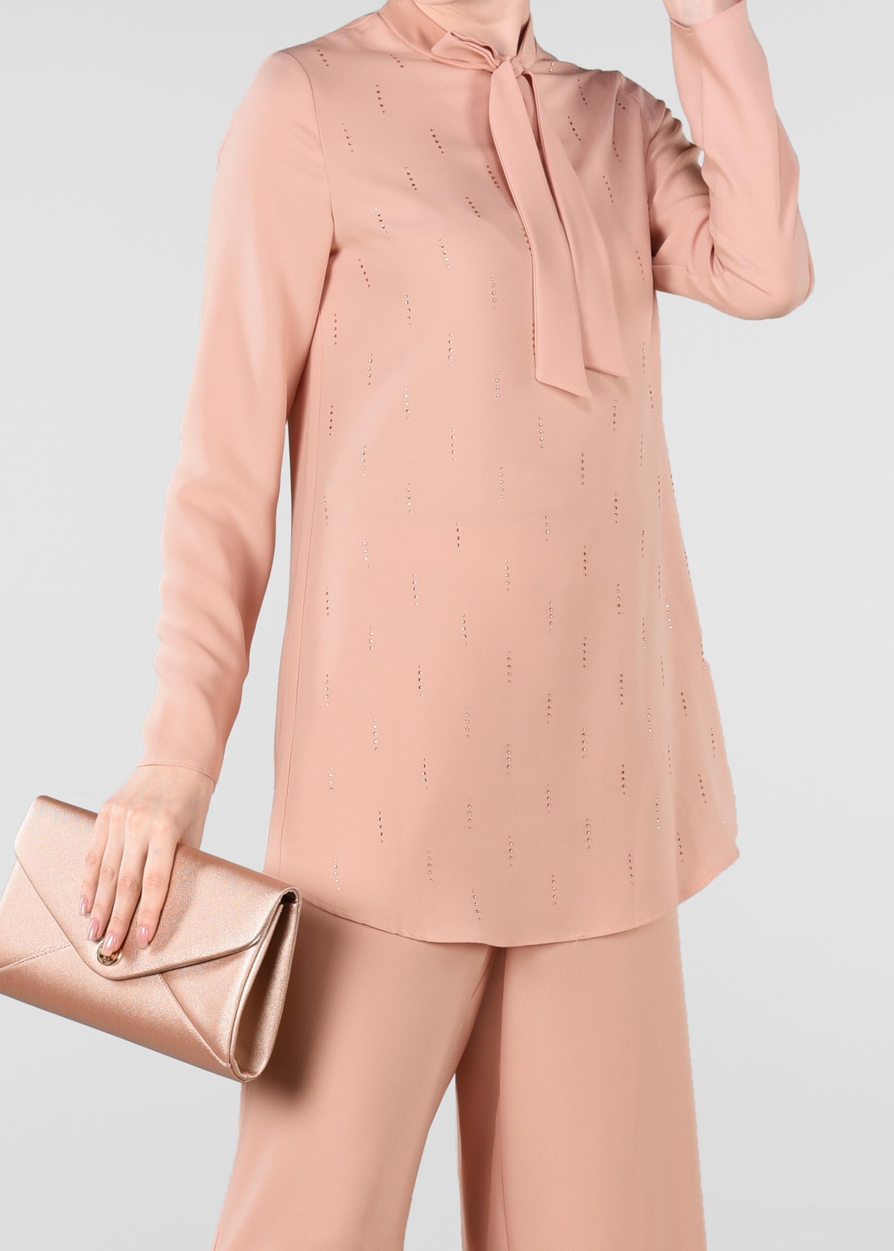 Tesettür giyim PUDRA TAŞ BASKILI 2&prime;Lİ PANTOLONLU TAKIM 4960