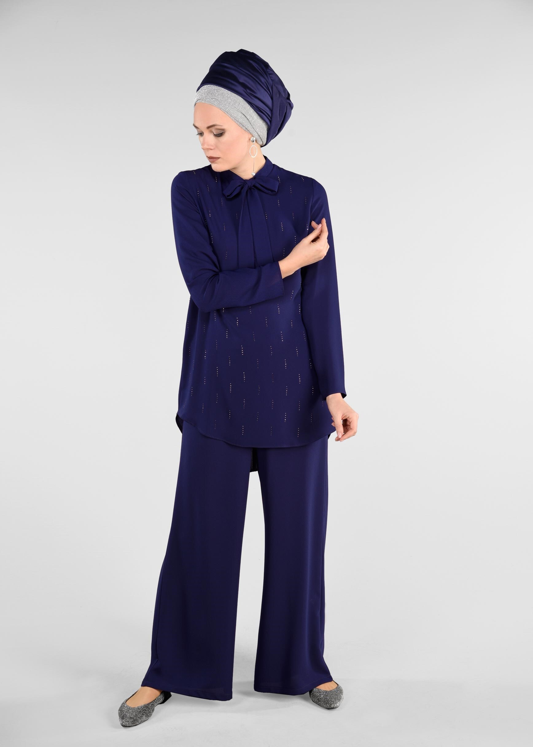 Tesettür giyim LACİVERT TAŞ BASKILI 2&prime;Lİ PANTOLONLU TAKIM 4960