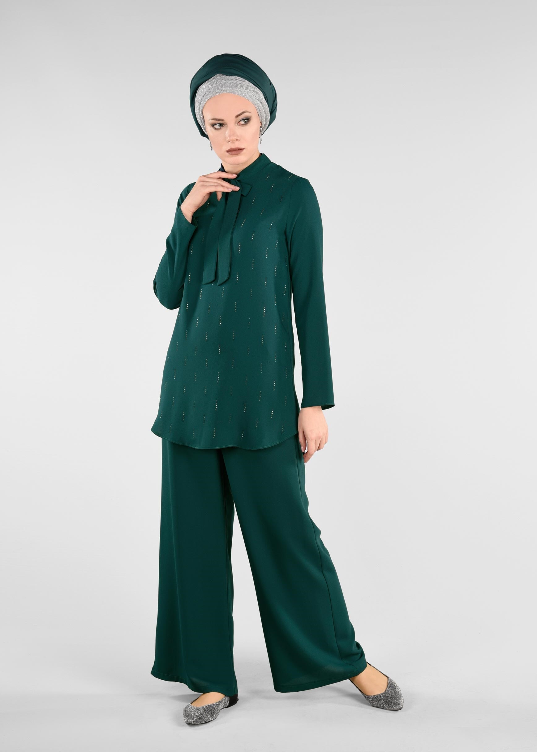 Tesettür giyim YEŞİL TAŞ BASKILI 2&prime;Lİ PANTOLONLU TAKIM 4960