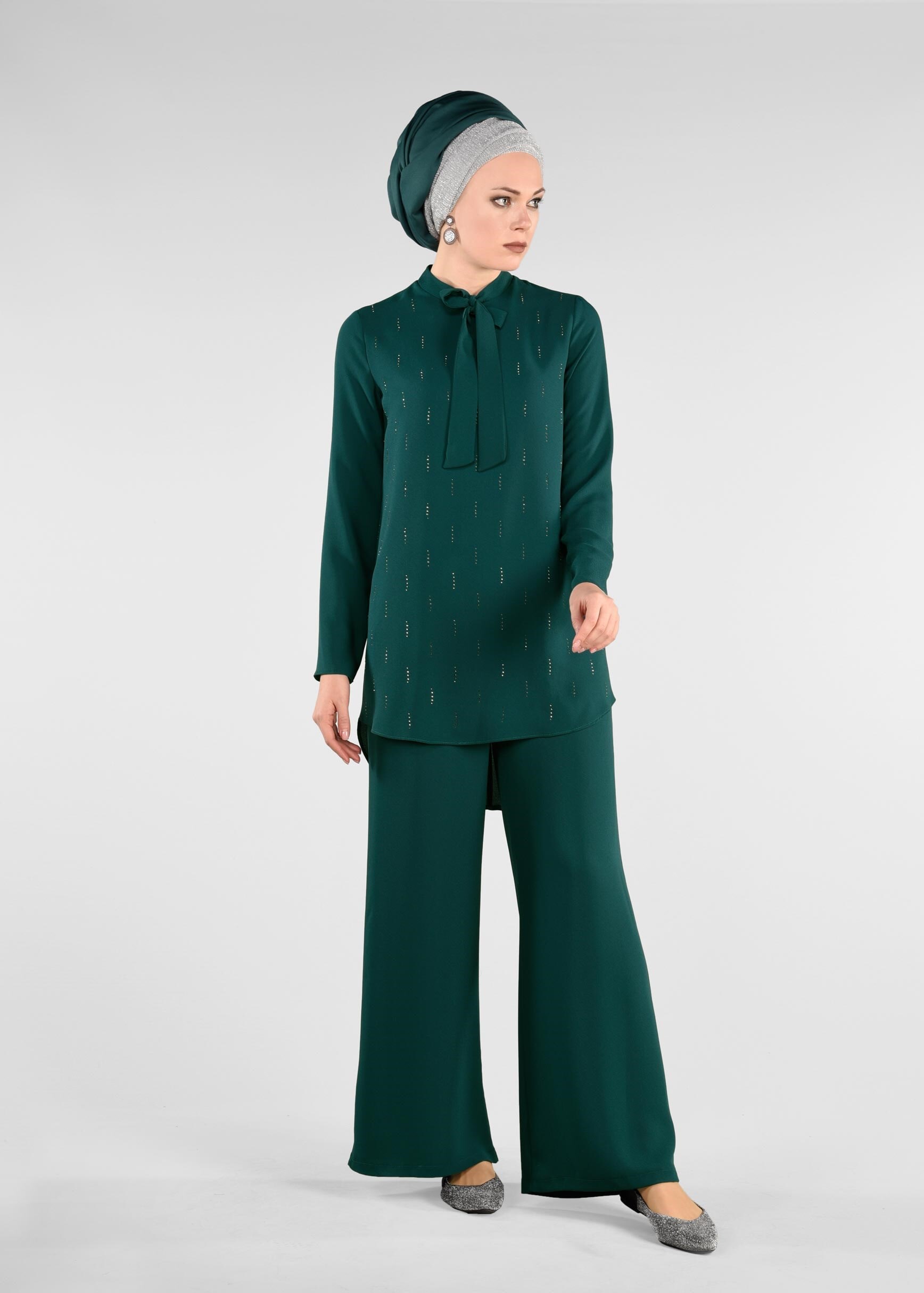 Tesettür giyim YEŞİL TAŞ BASKILI 2&prime;Lİ PANTOLONLU TAKIM 4960