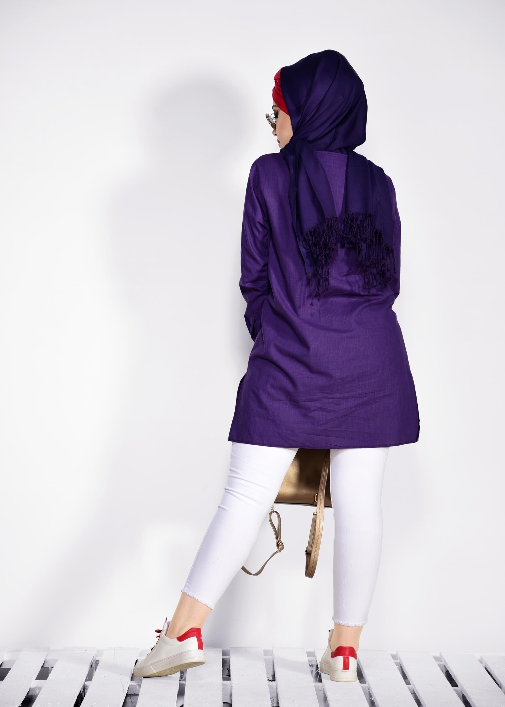 Tesettür giyim MOR ÇİÇEK NAKIŞLI KETEN TUNİK 2797