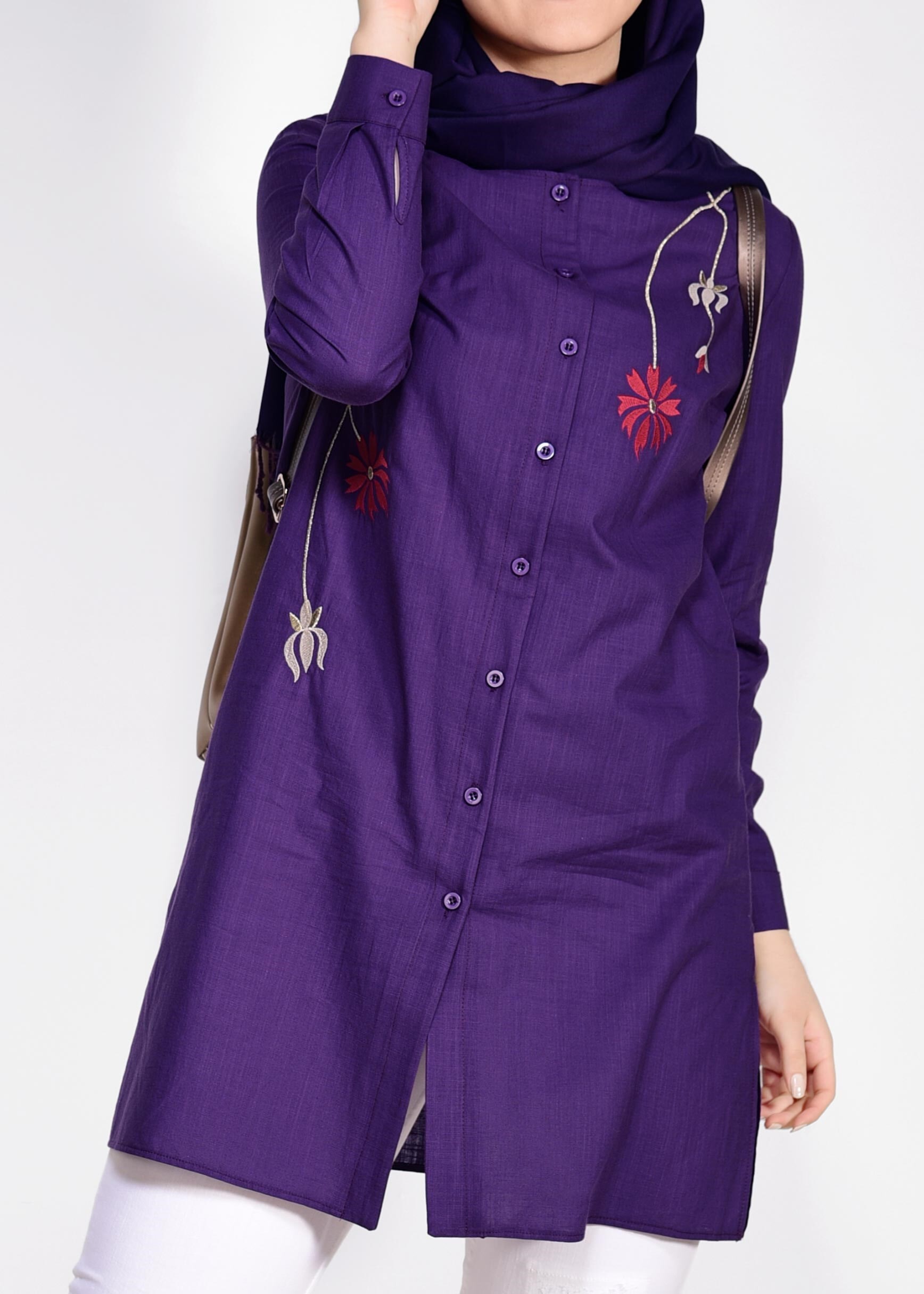 Tesettür giyim MOR ÇİÇEK NAKIŞLI KETEN TUNİK 2797