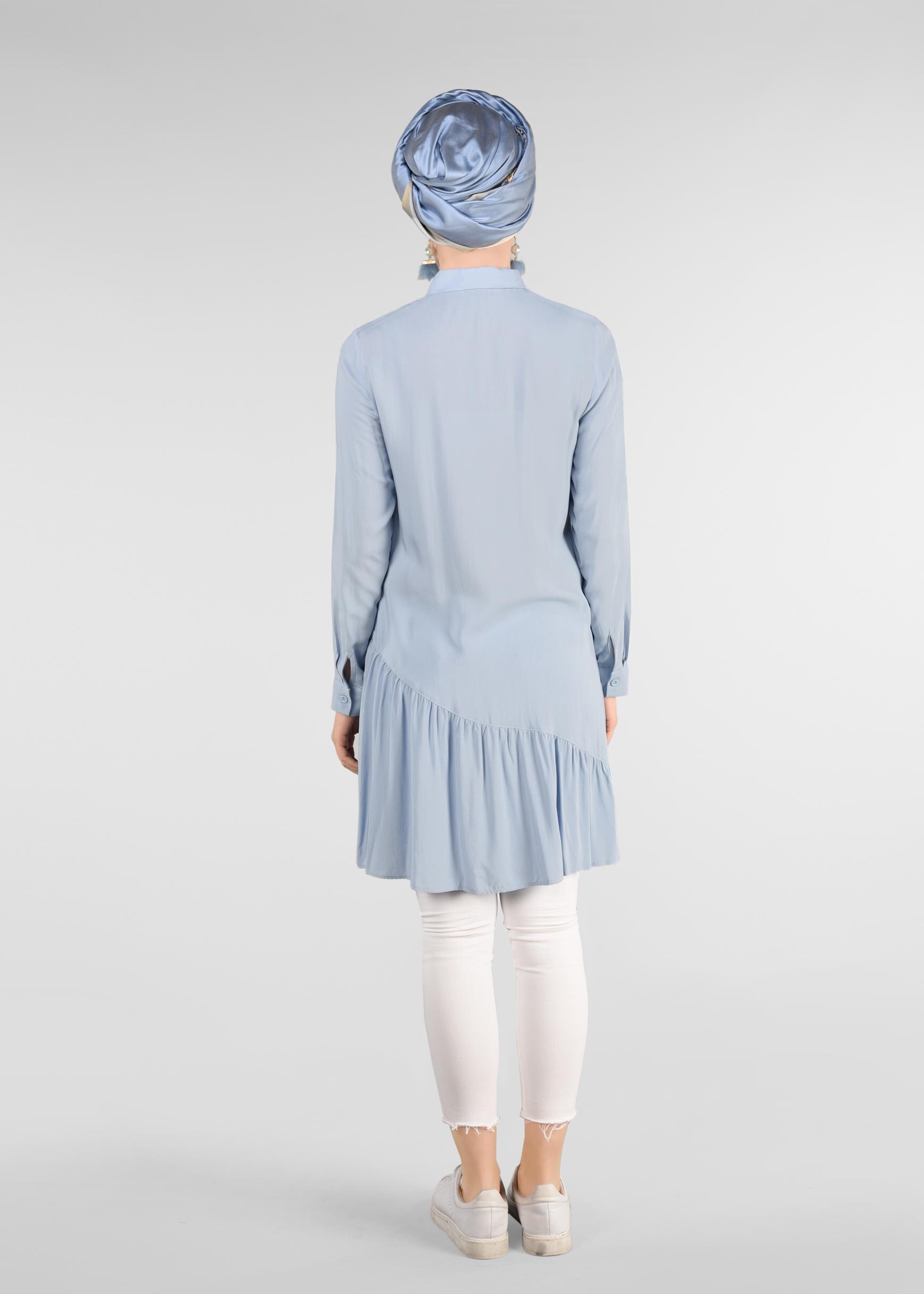 Tesettür giyim MAVİ ETEK UCU FIRFIRLI DÜĞMELİ TUNİK 4005