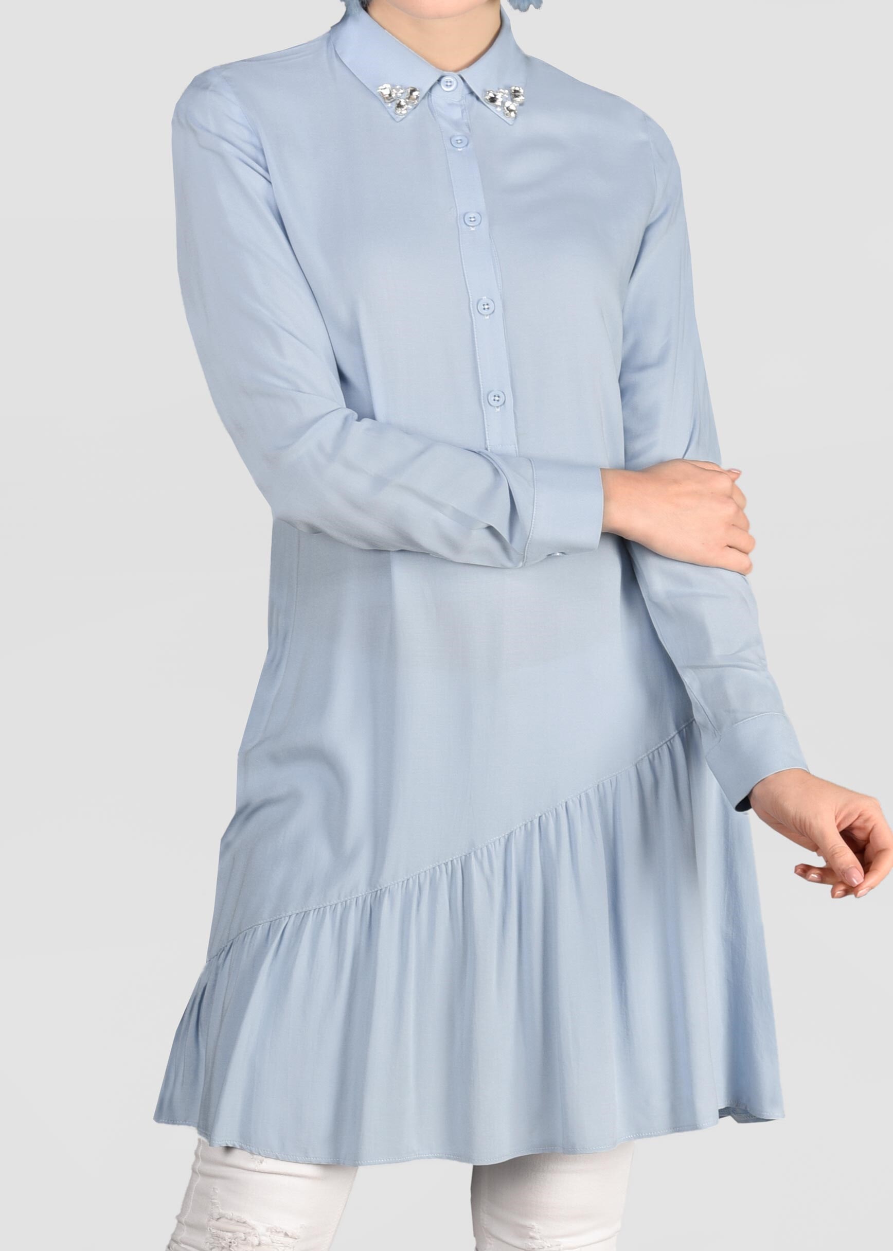 Tesettür giyim MAVİ ETEK UCU FIRFIRLI DÜĞMELİ TUNİK 4005