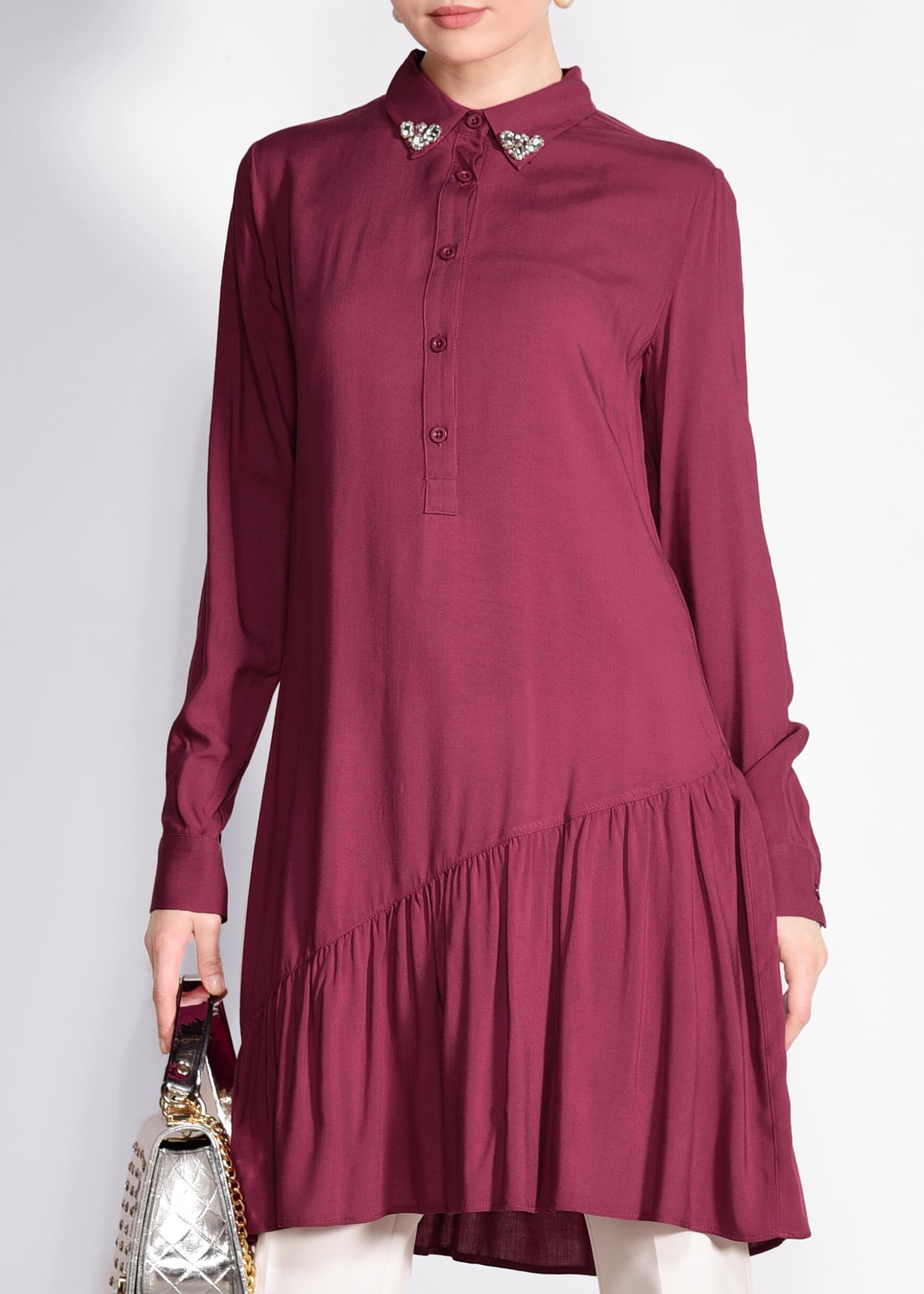 Tesettür giyim MOR ETEK UCU FIRFIRLI DÜĞMELİ TUNİK 4005