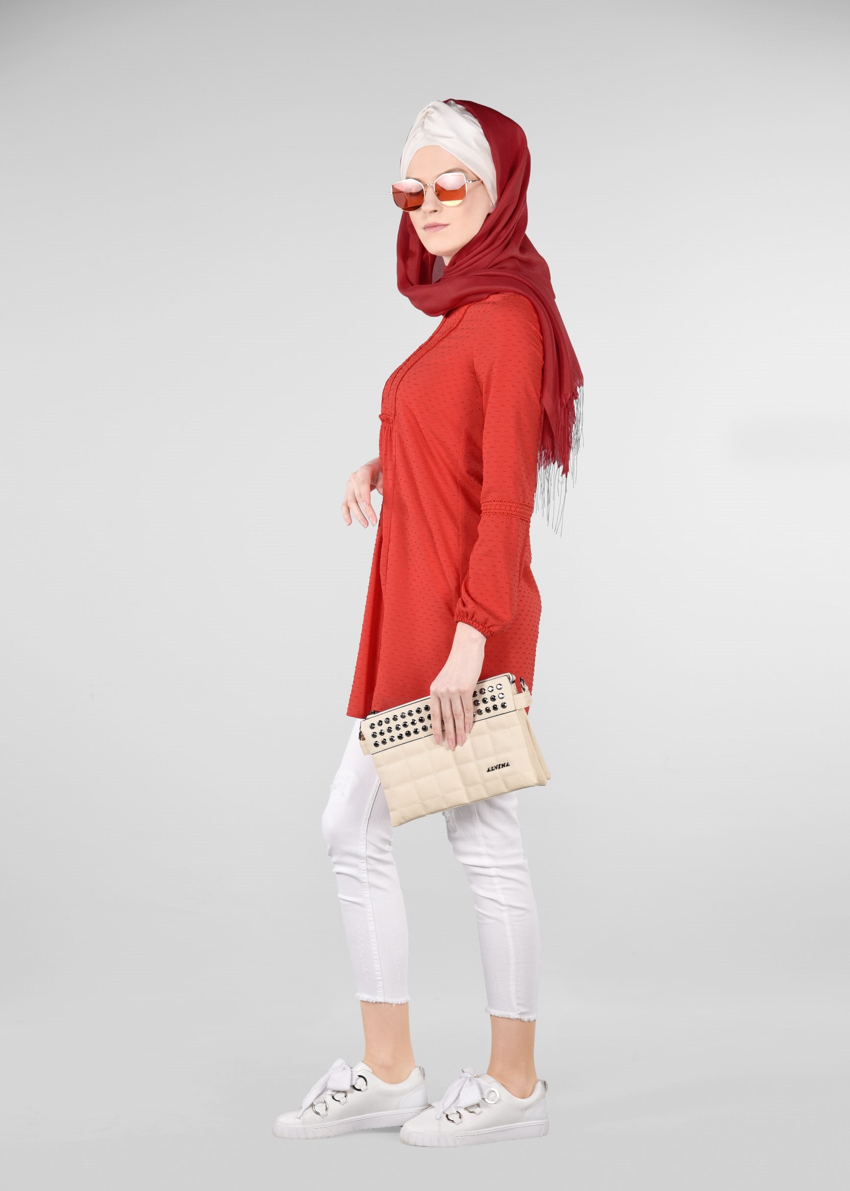 Tesettür giyim KIRMIZI DOKULU TUNİK 4027