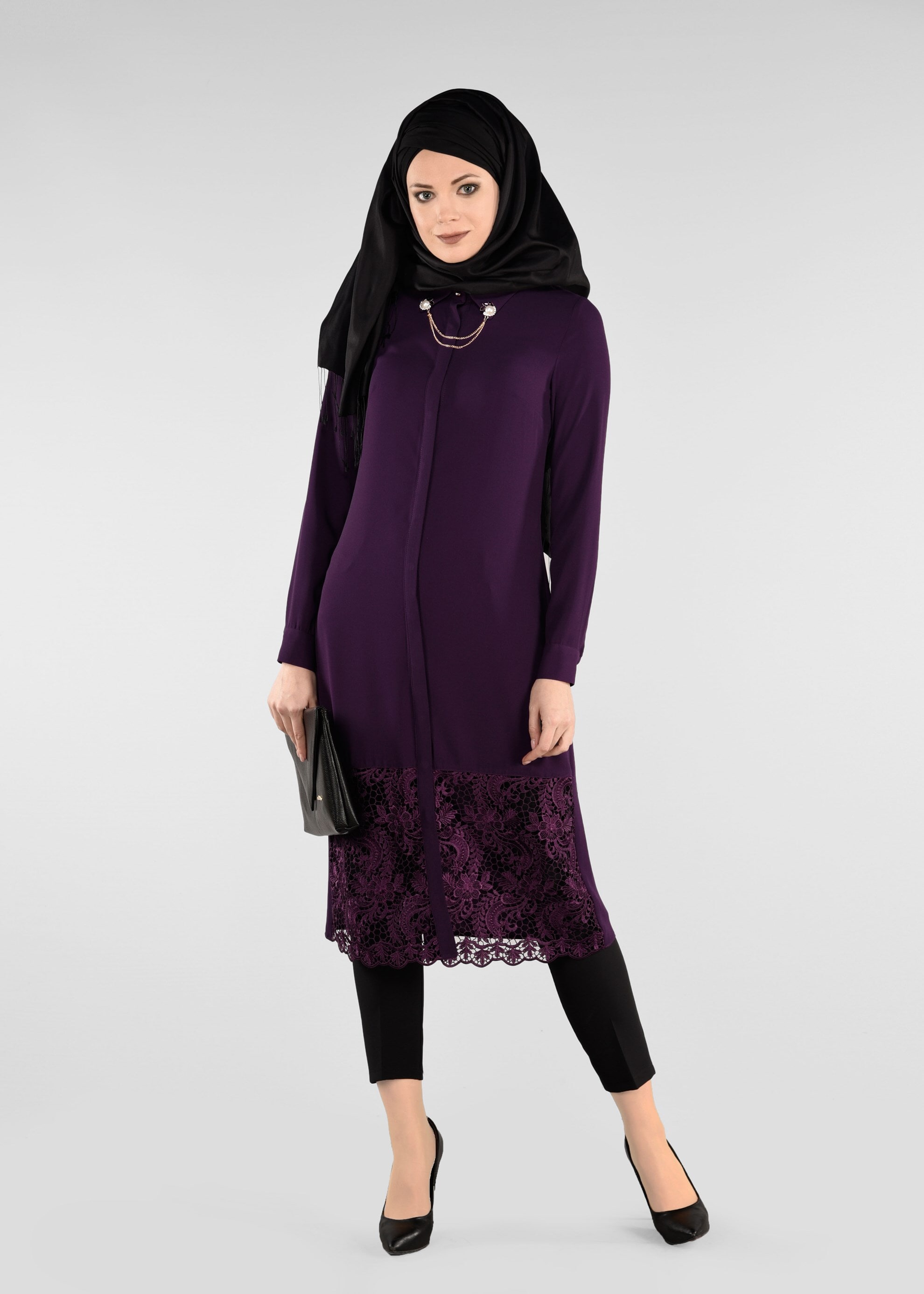 Tesettür giyim MOR ETEK UCU DANTELLİ TUNİK 4044