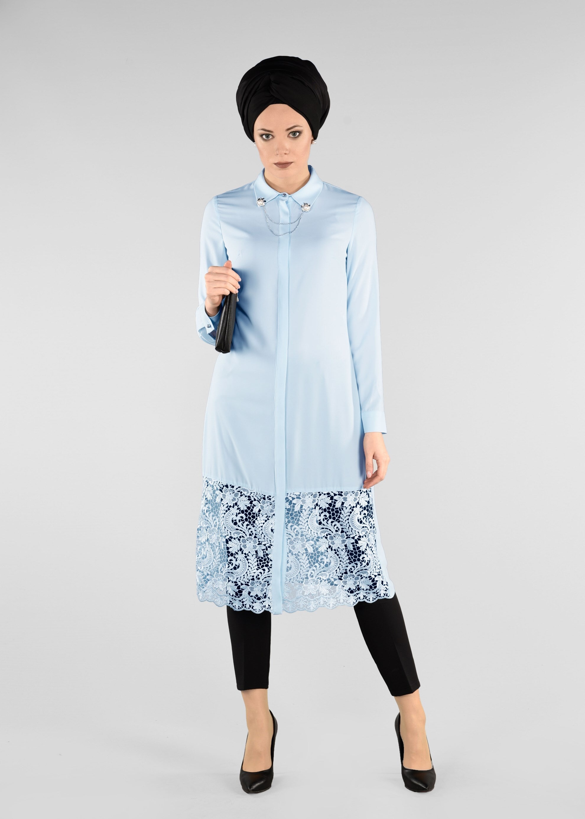 Tesettür giyim MAVİ ETEK UCU DANTELLİ TUNİK 4044