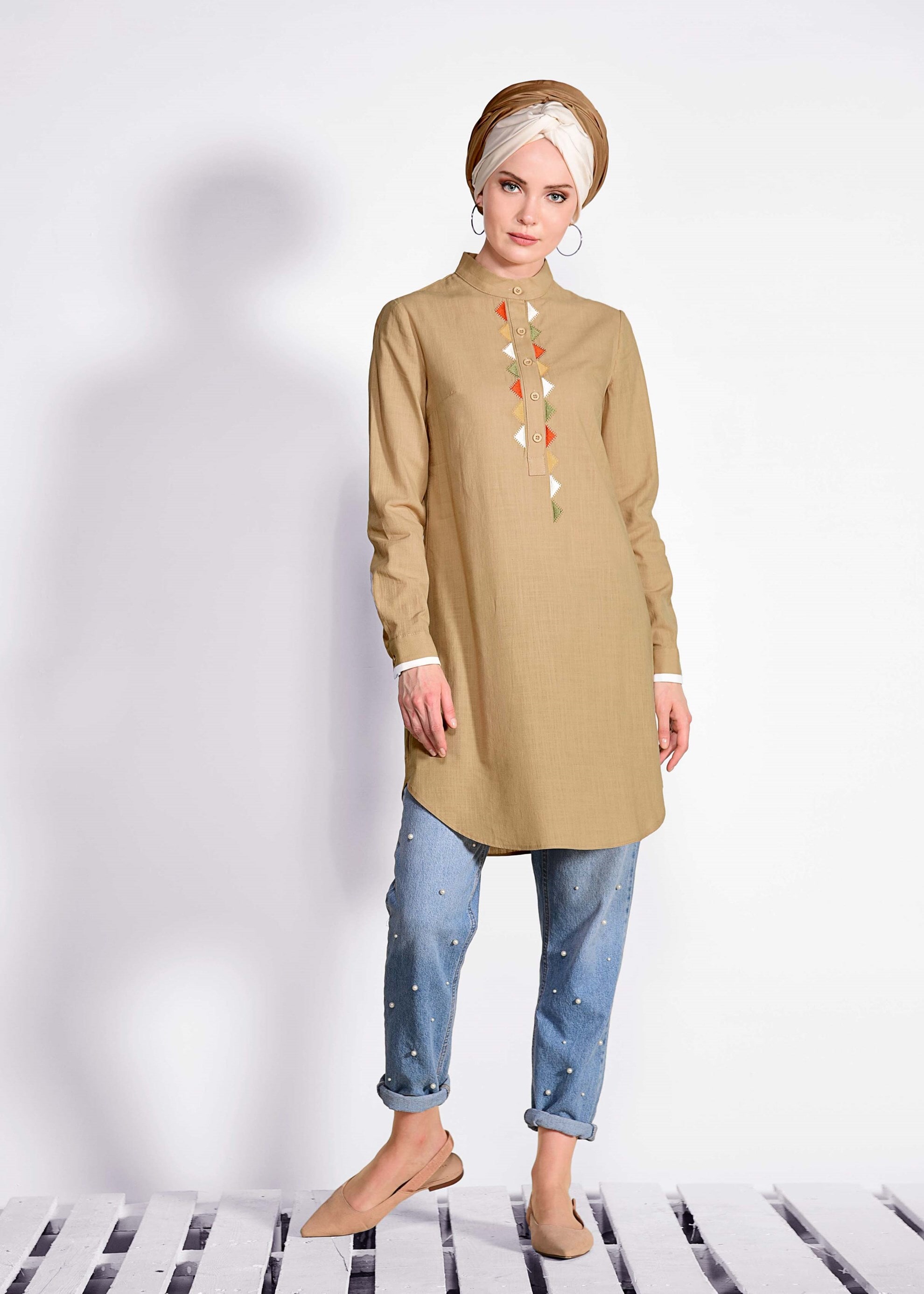 Tesettür giyim KAHVE 4060 WİA KETEN TUNİK 38/46 TEK40