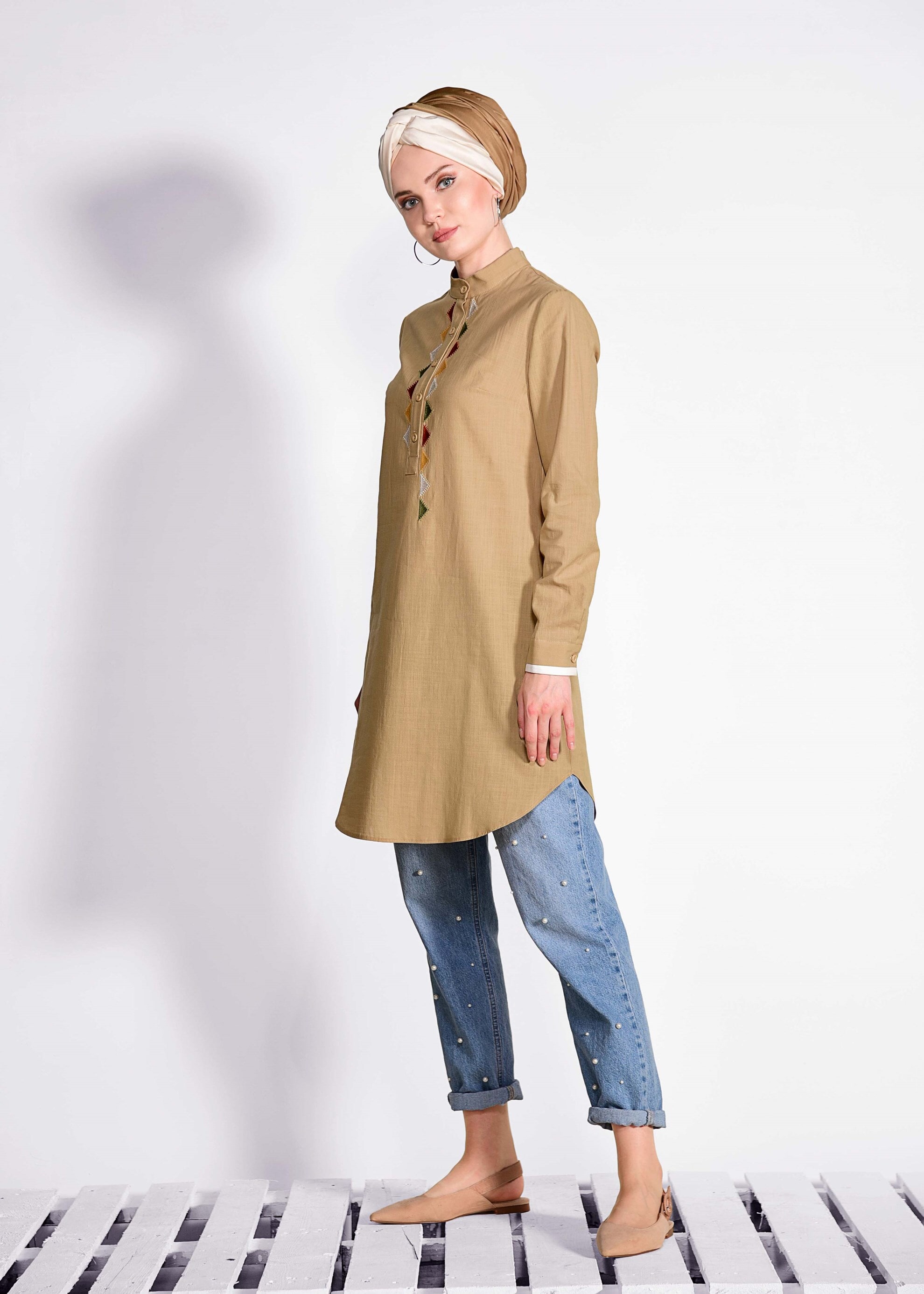 Tesettür giyim KAHVE 4060 WİA KETEN TUNİK 38/46 TEK40