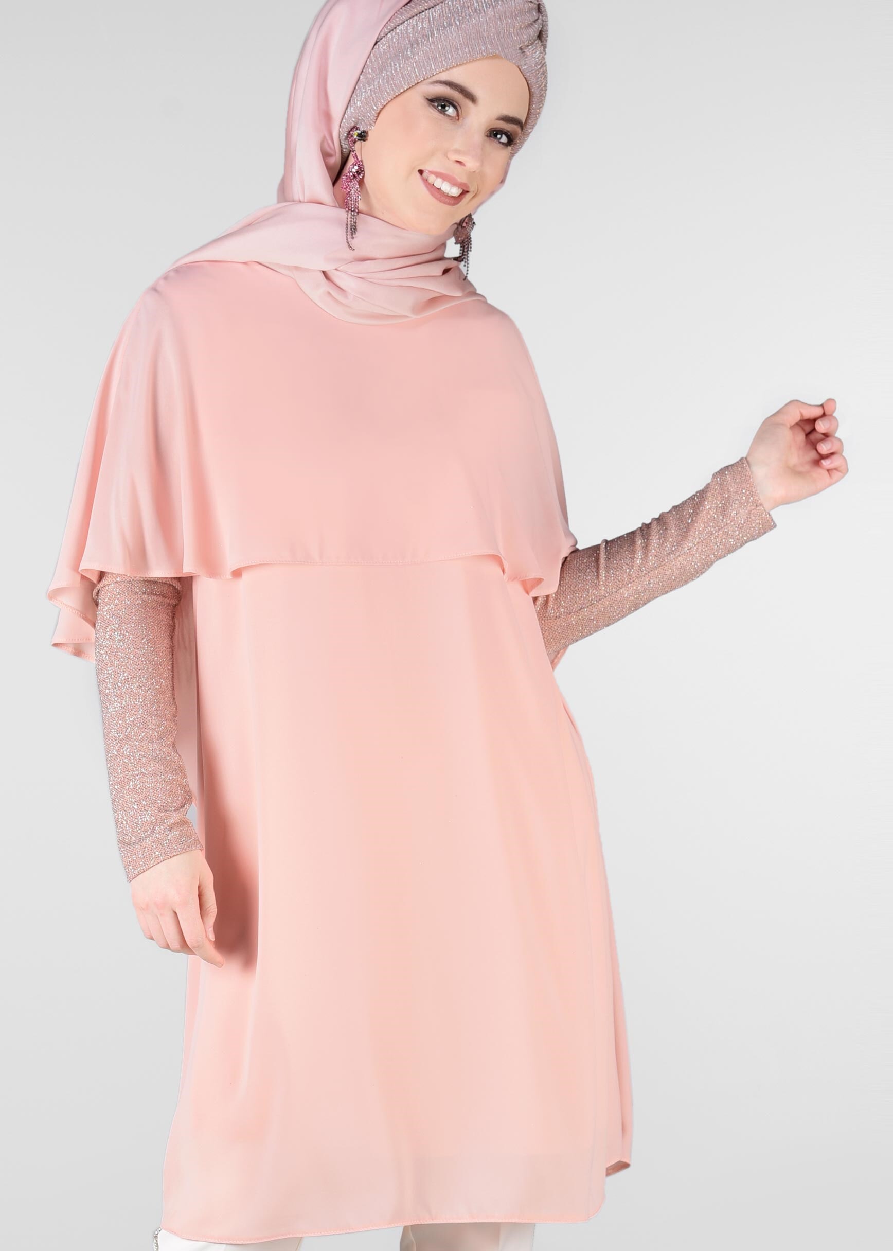Tesettür giyim PUDRA KOL KISMI SİMLİ FIRFIRLI TUNİK 4073