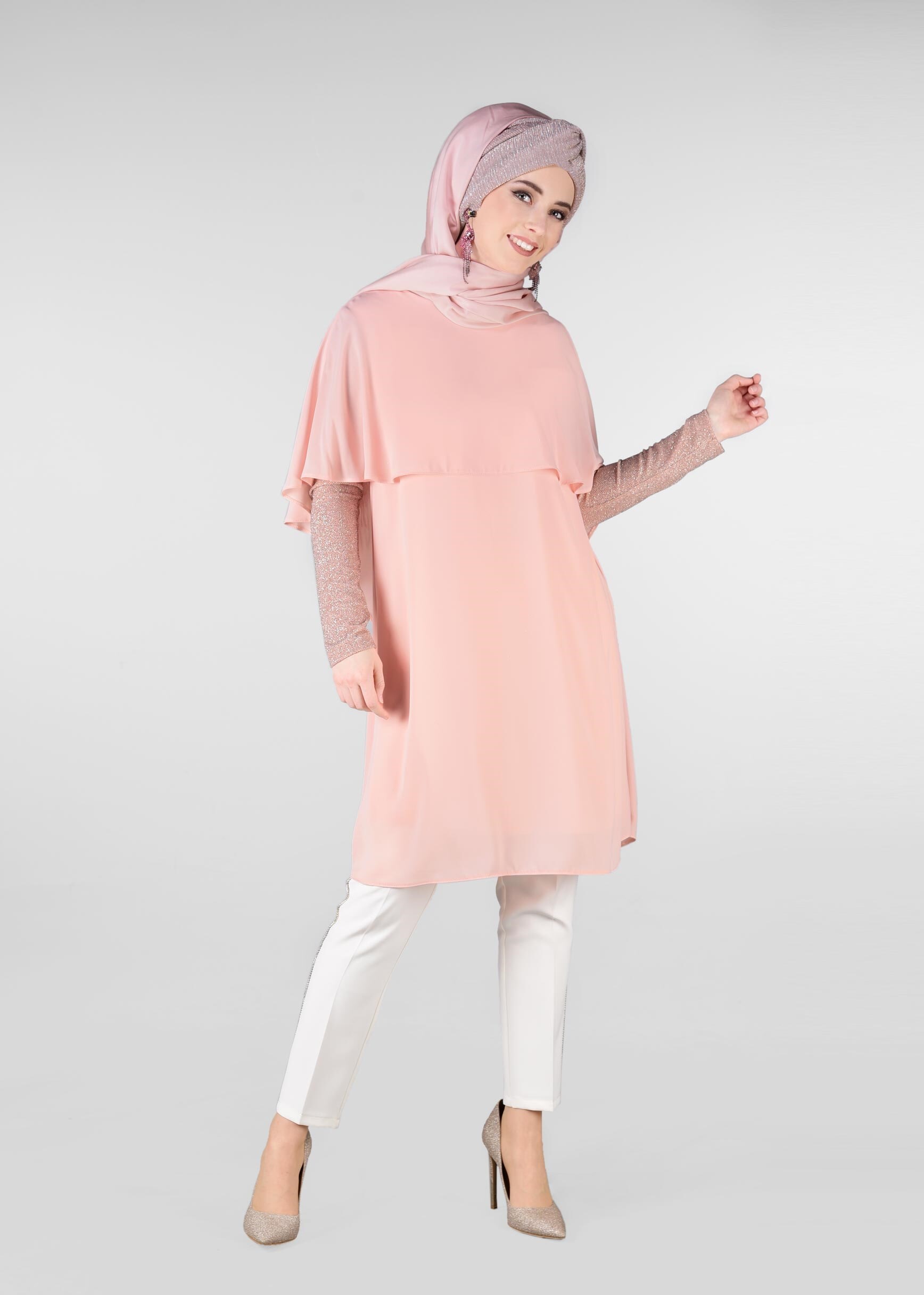 Tesettür giyim PUDRA KOL KISMI SİMLİ FIRFIRLI TUNİK 4073
