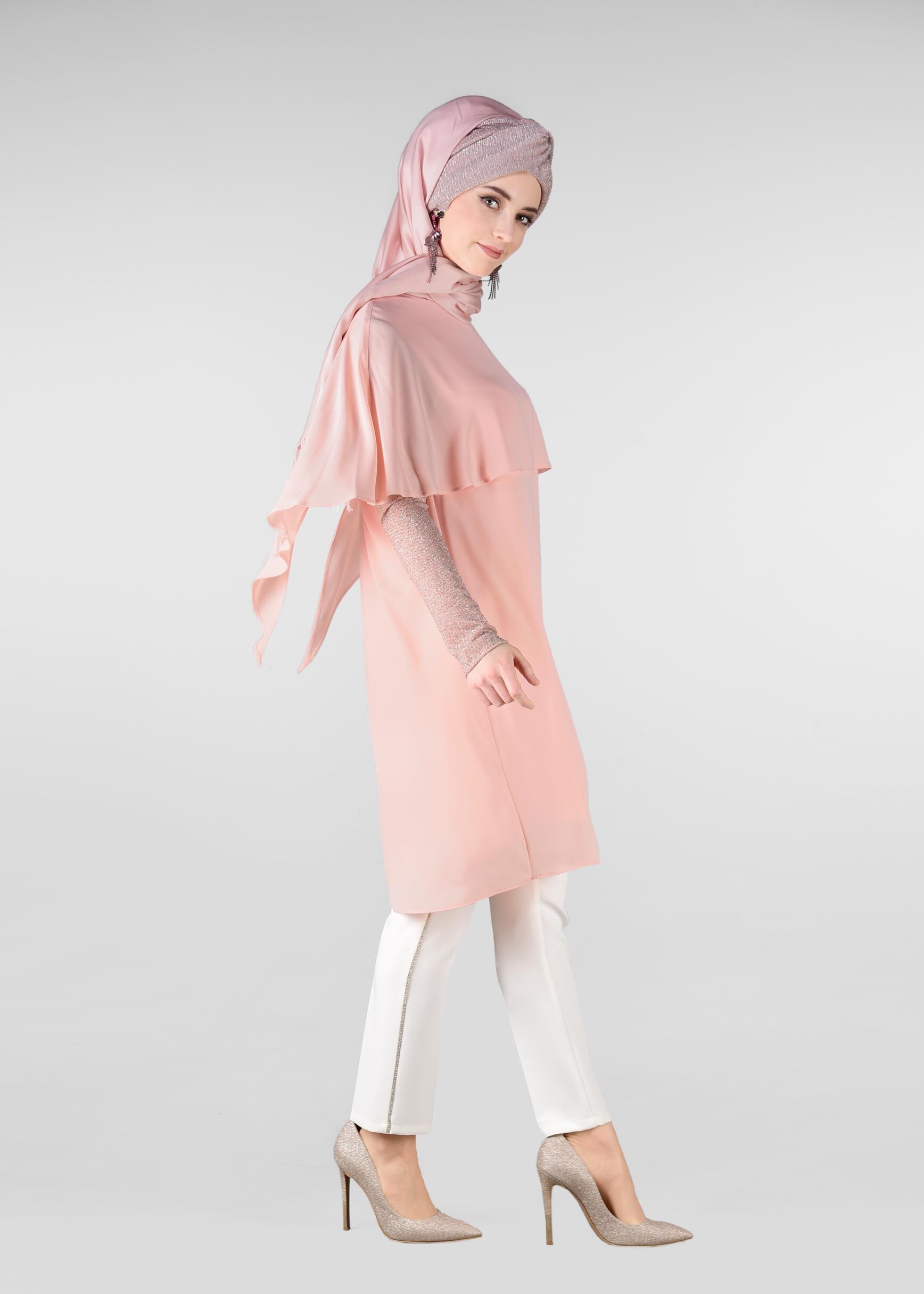 Tesettür giyim PUDRA KOL KISMI SİMLİ FIRFIRLI TUNİK 4073