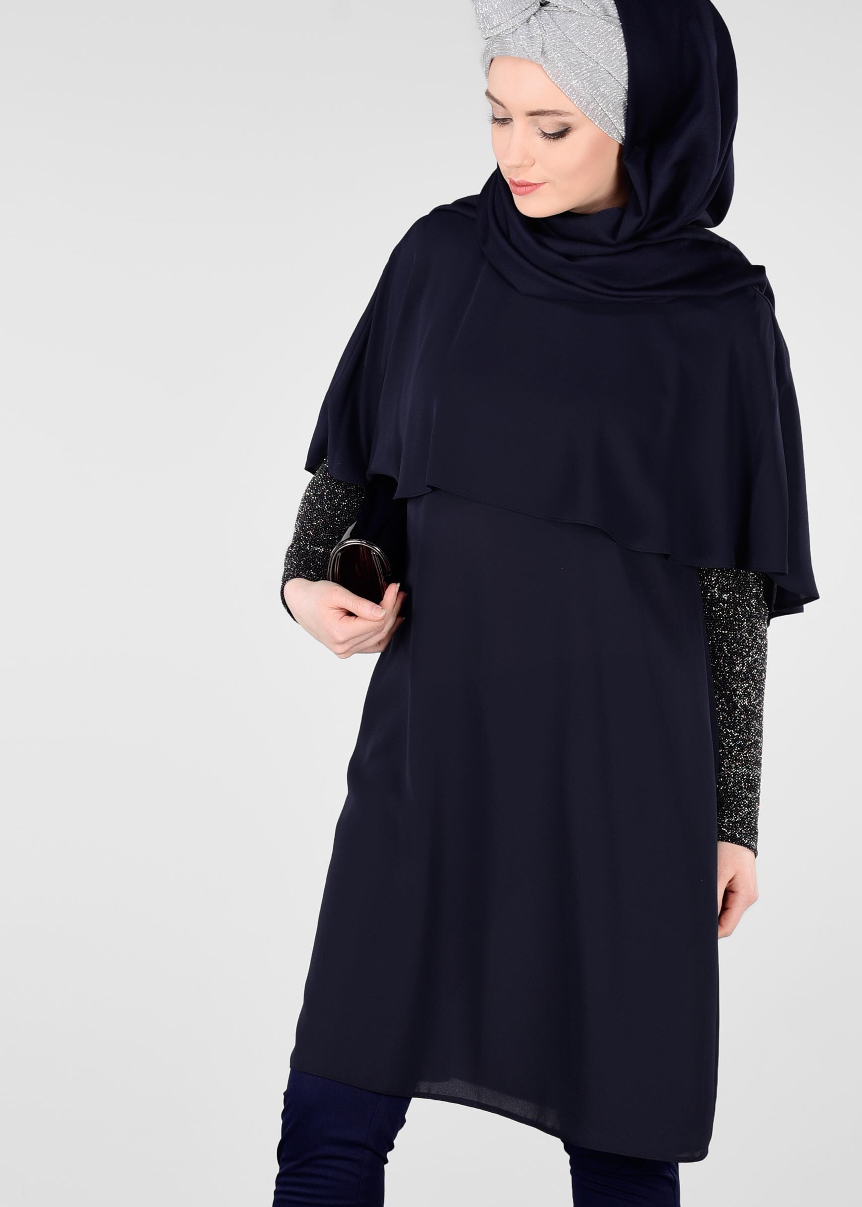 Tesettür giyim LACİVERT KOL KISMI SİMLİ FIRFIRLI TUNİK 4073
