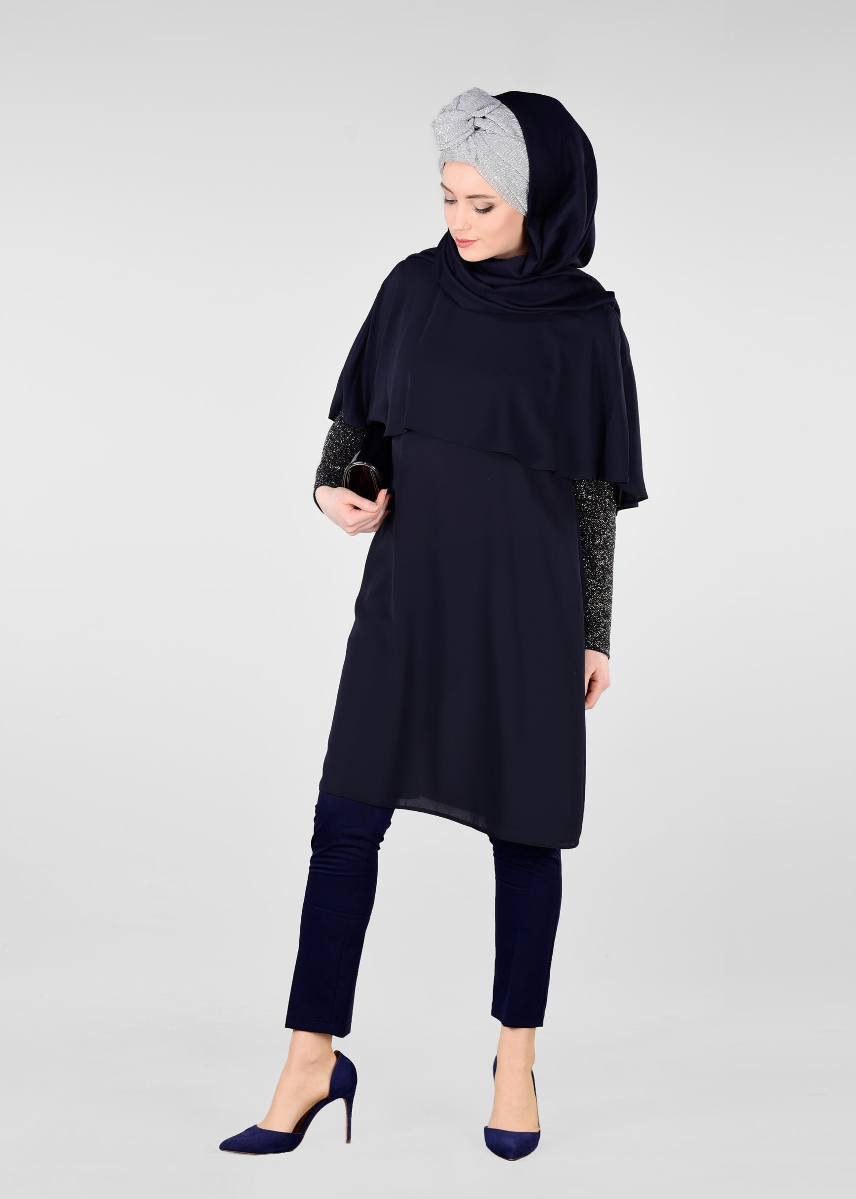Tesettür giyim LACİVERT KOL KISMI SİMLİ FIRFIRLI TUNİK 4073