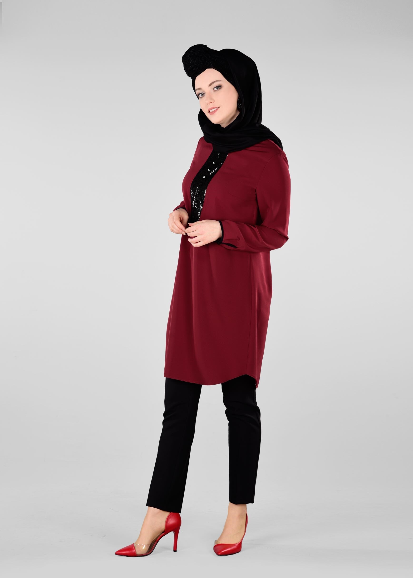 Tesettür giyim BORDO PUL PAYET DETAYLI TUNİK 4075