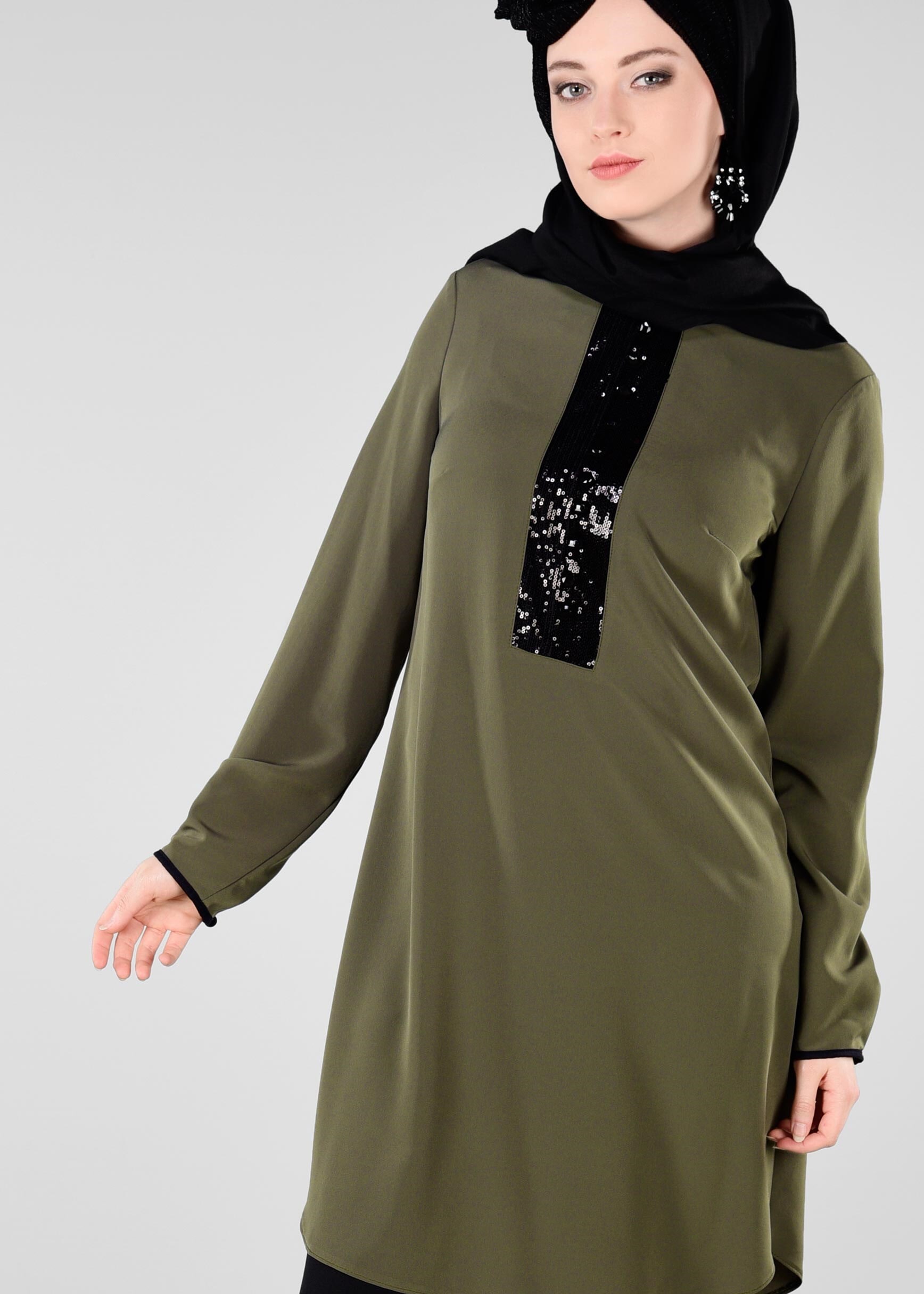 Tesettür giyim HAKİ PUL PAYET DETAYLI TUNİK 4075