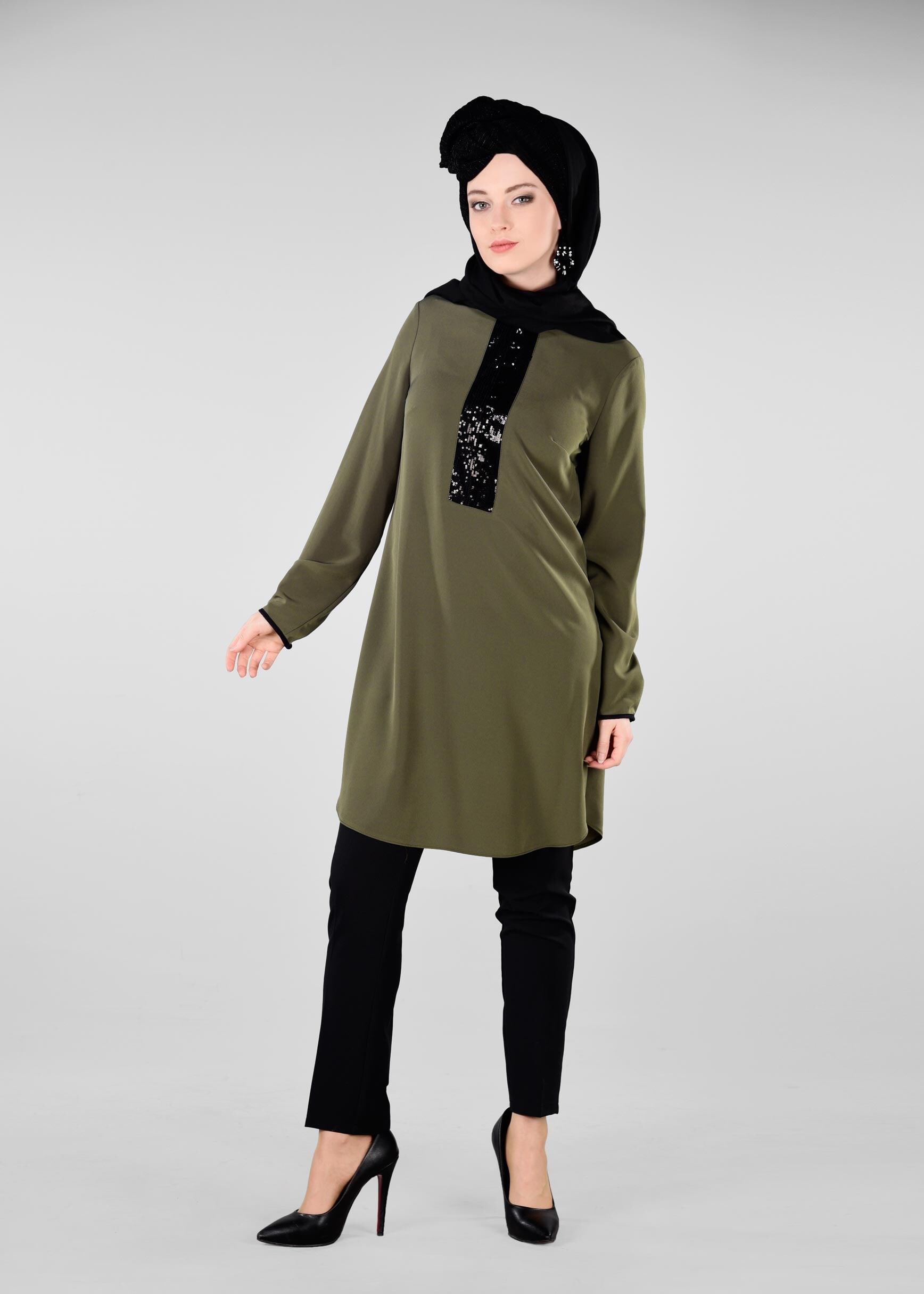 Tesettür giyim HAKİ PUL PAYET DETAYLI TUNİK 4075