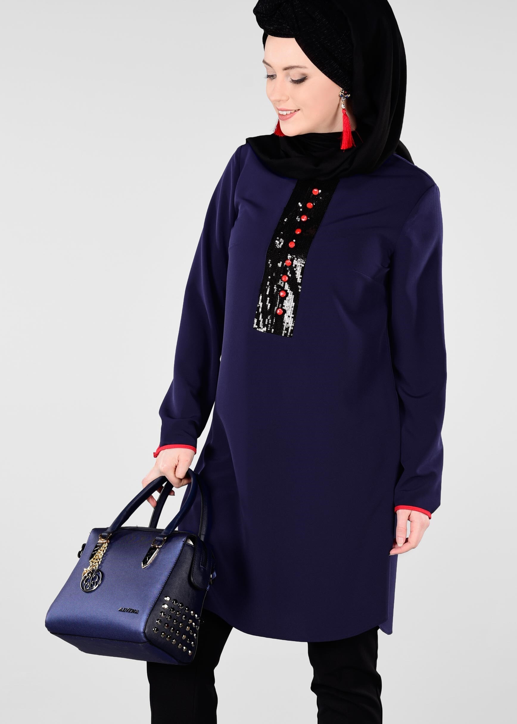 Tesettür giyim LACİVERT PUL PAYET DETAYLI TUNİK 4075