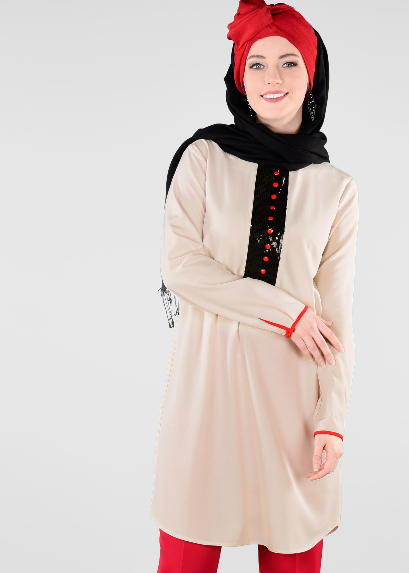 Tesettür giyim EKRU PUL PAYET DETAYLI TUNİK 4075