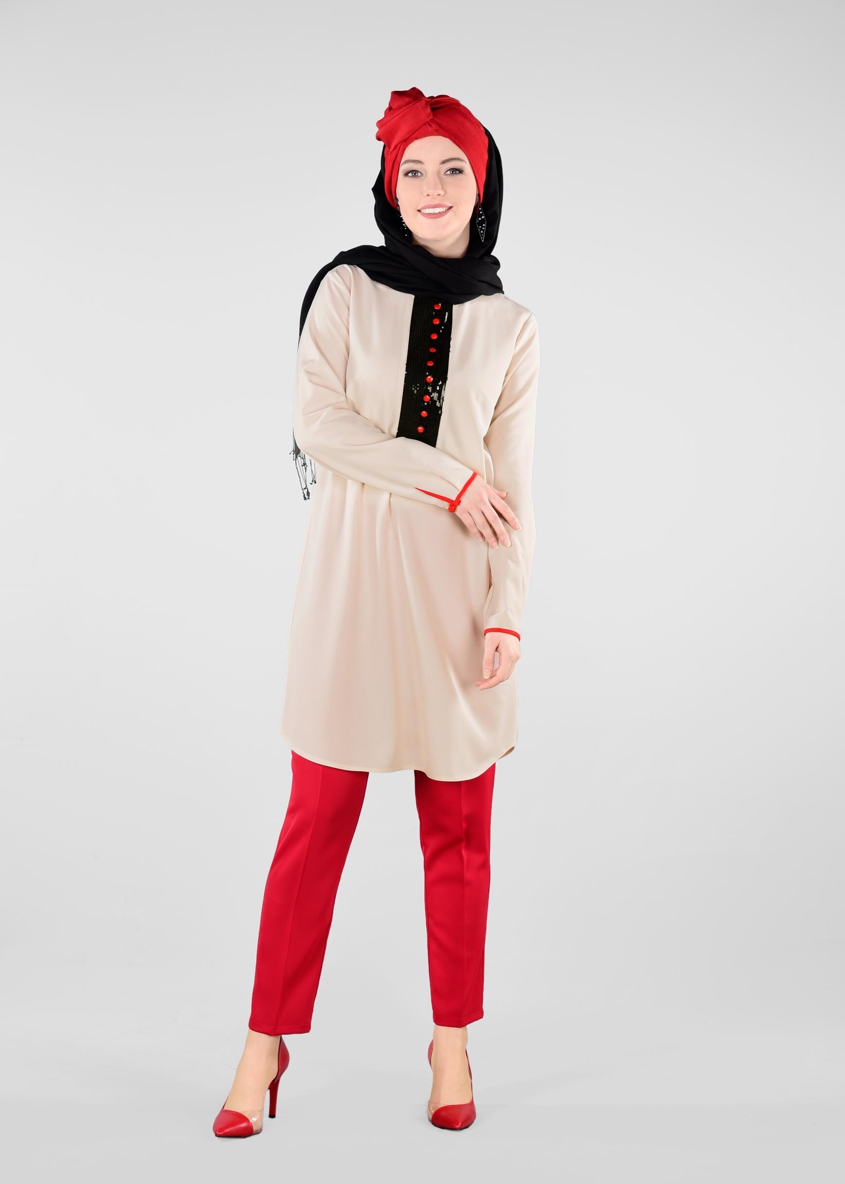 Tesettür giyim EKRU PUL PAYET DETAYLI TUNİK 4075