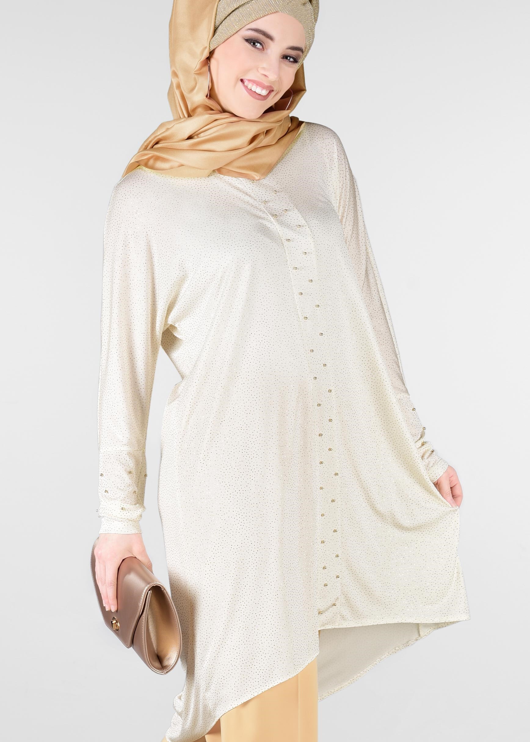 Tesettür giyim BEYAZ BONCUKLU PARILTILI TUNİK 4078