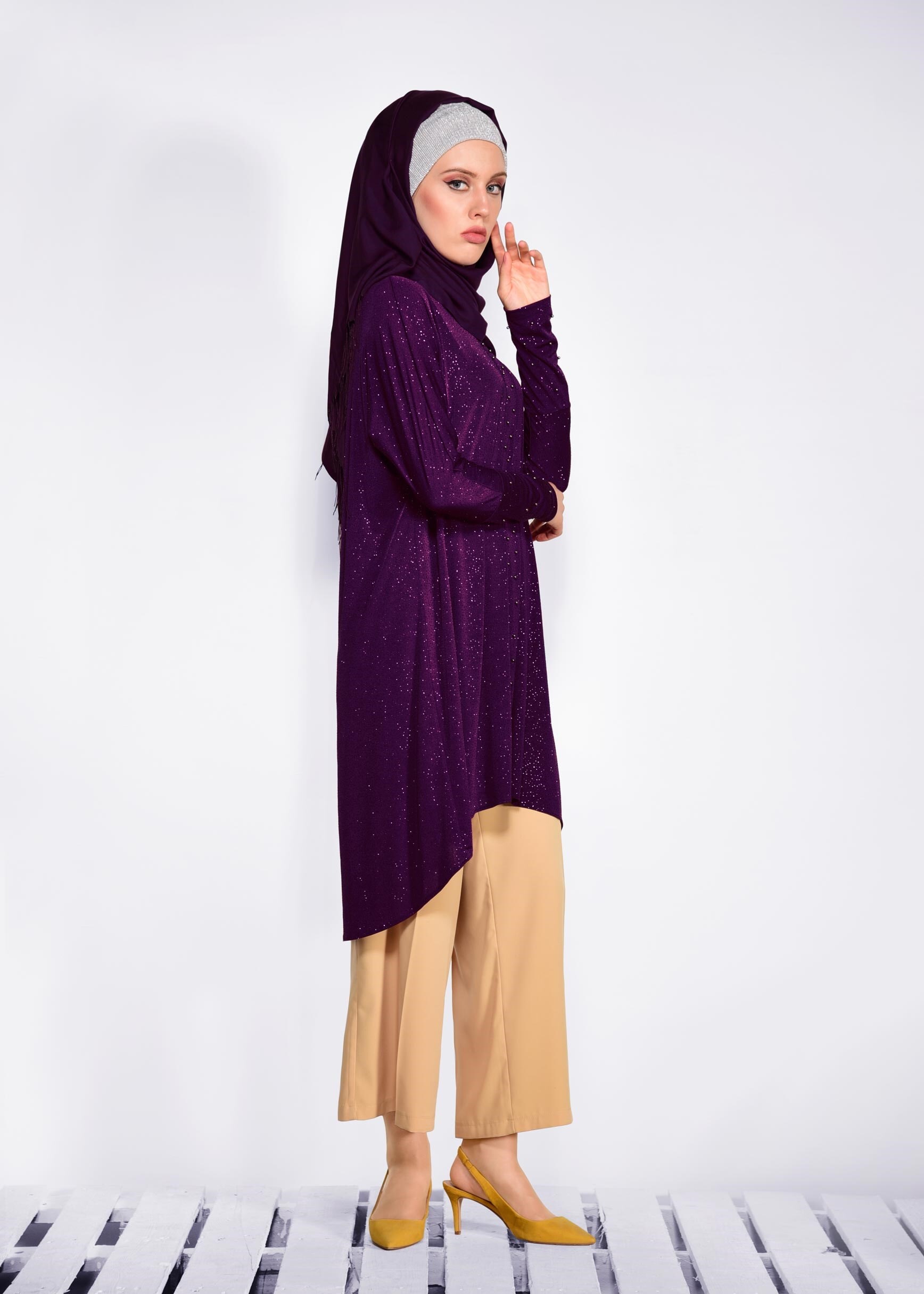 Tesettür giyim MOR BONCUKLU PARILTILI TUNİK 4078