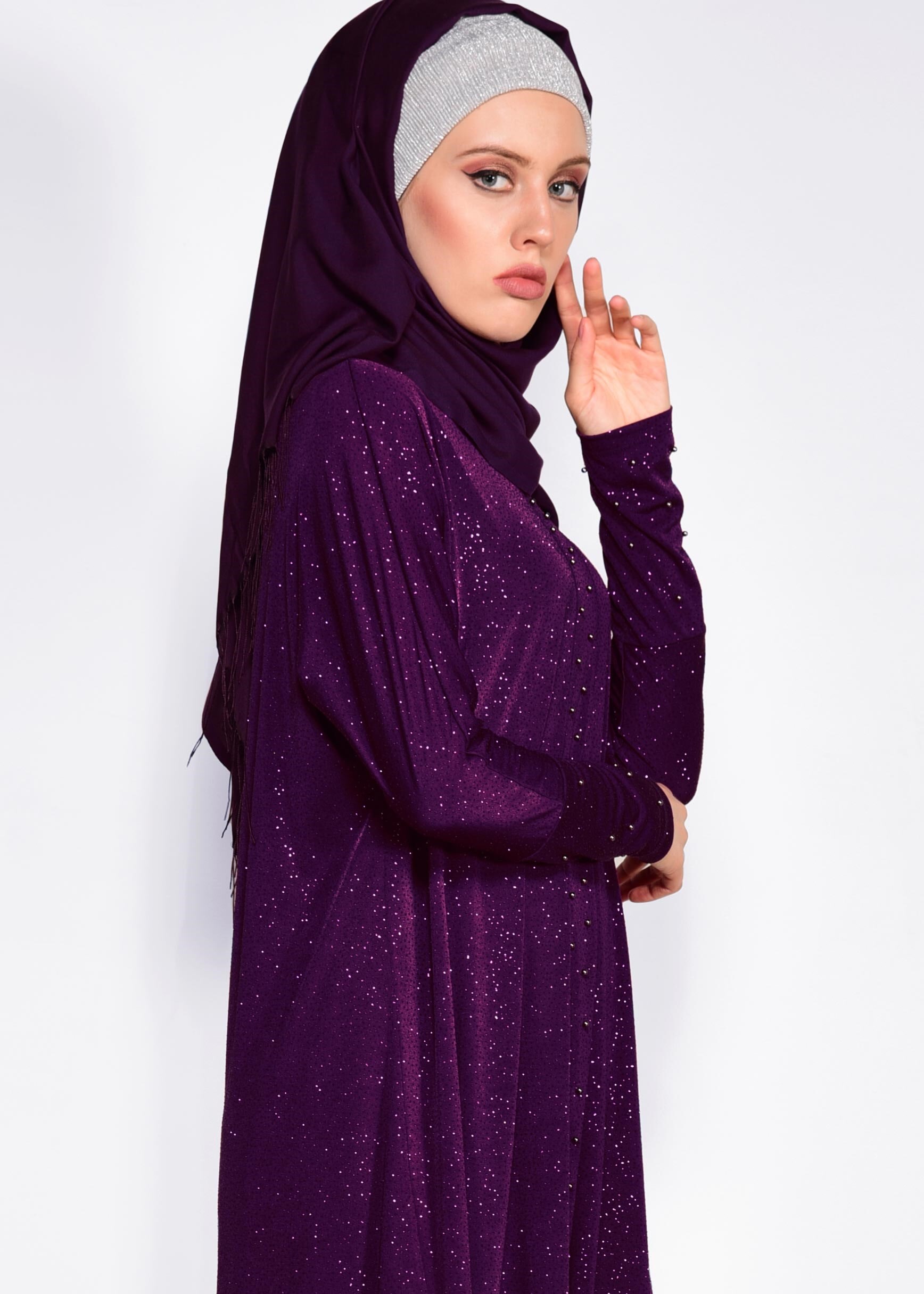 Tesettür giyim MOR BONCUKLU PARILTILI TUNİK 4078