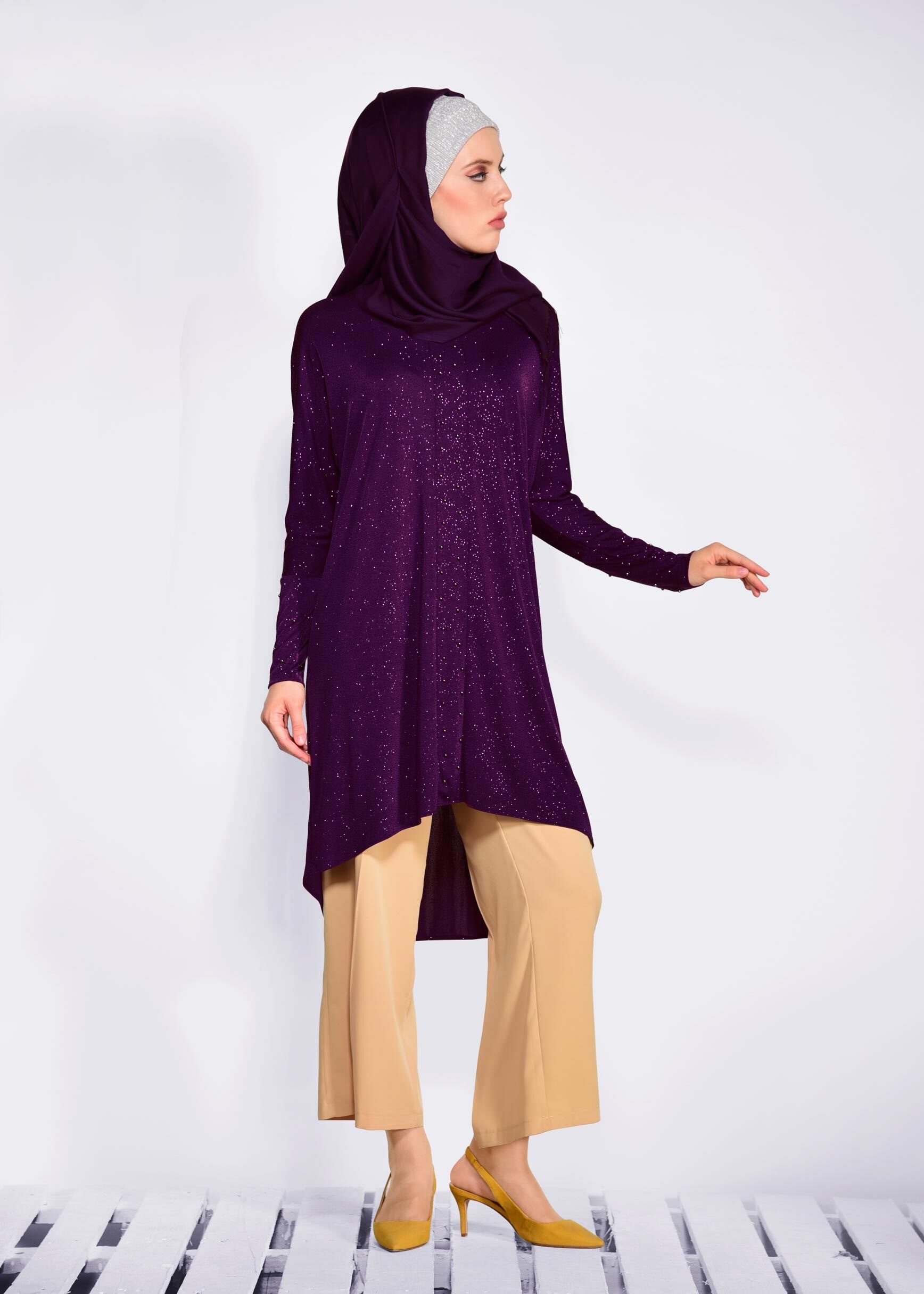 Tesettür giyim MOR BONCUKLU PARILTILI TUNİK 4078