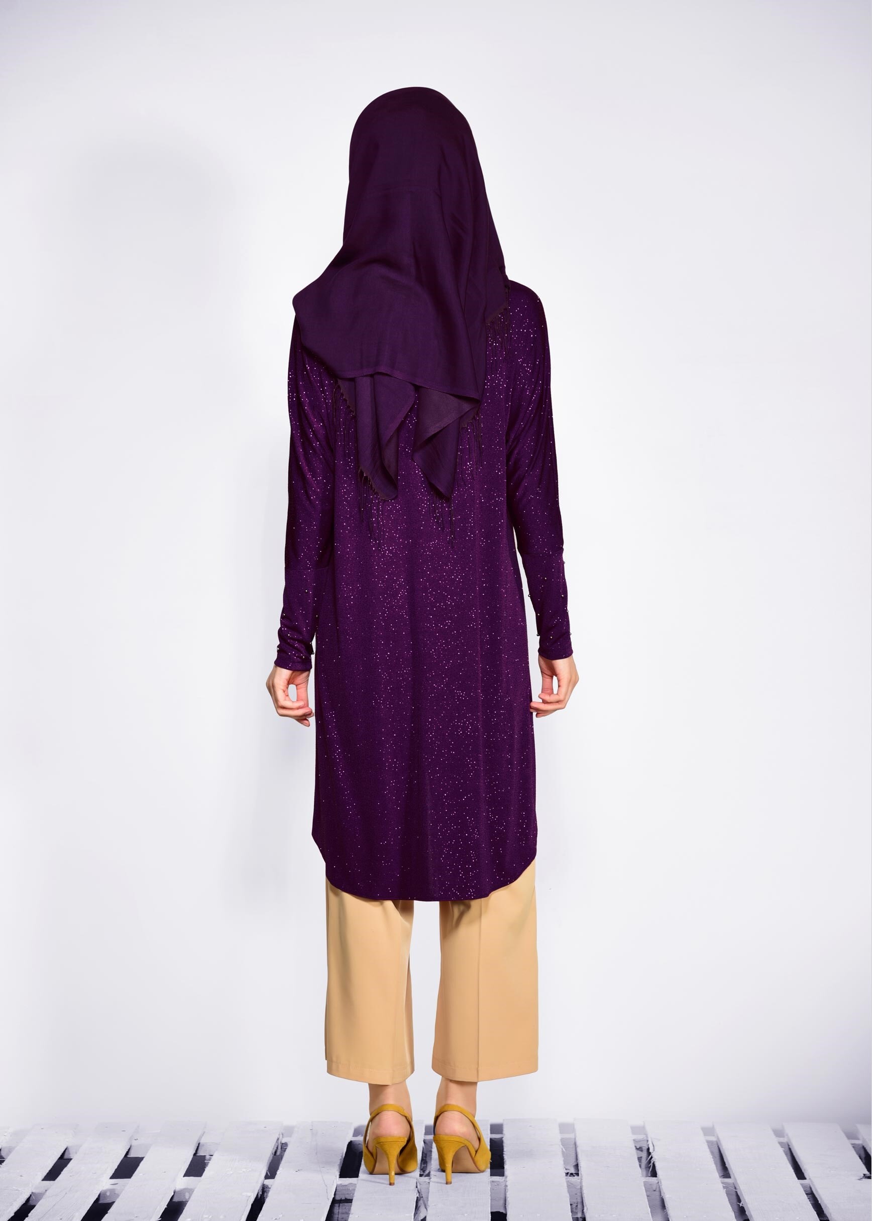 Tesettür giyim MOR BONCUKLU PARILTILI TUNİK 4078