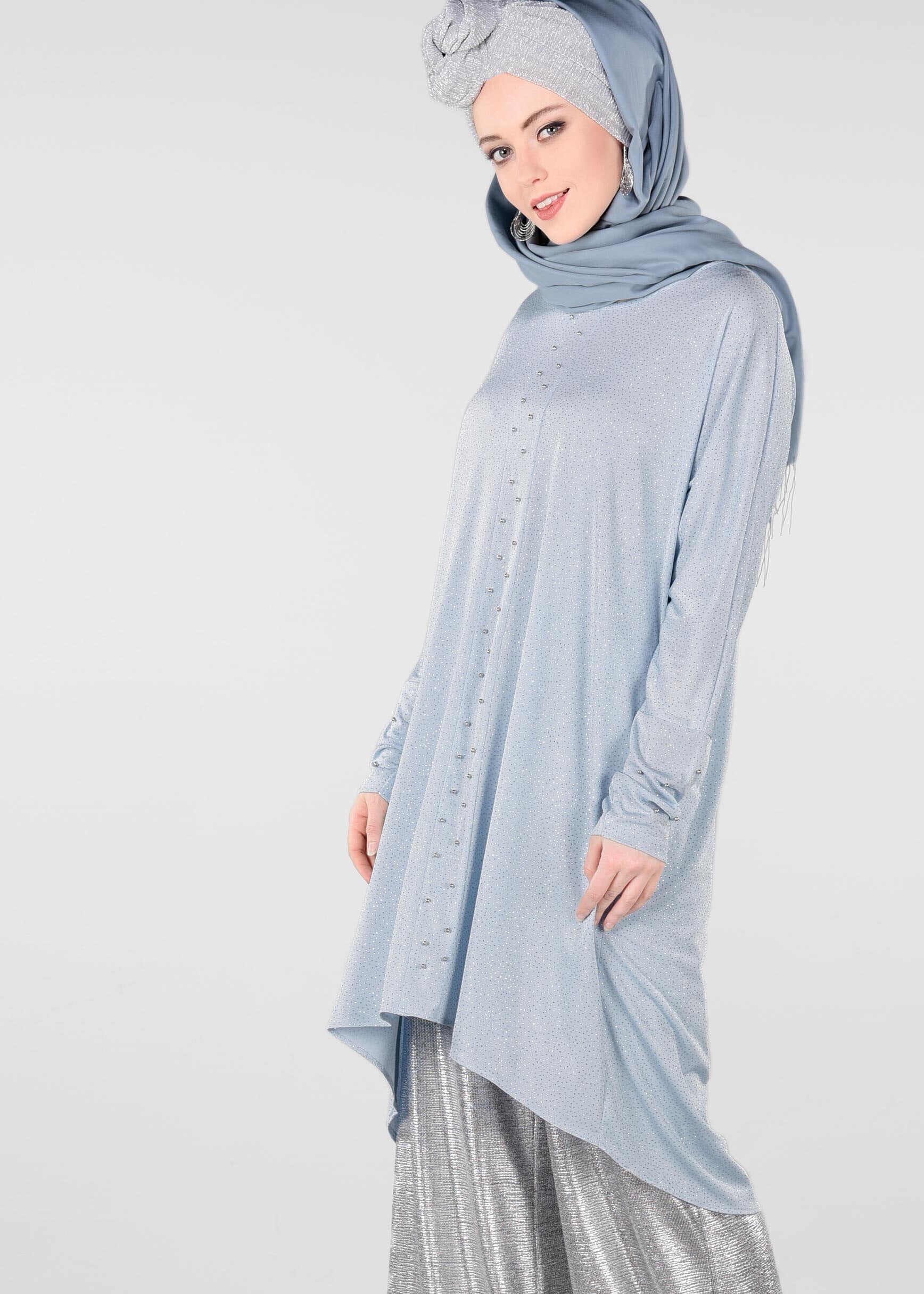 Tesettür giyim MAVİ BONCUKLU PARILTILI TUNİK 4078