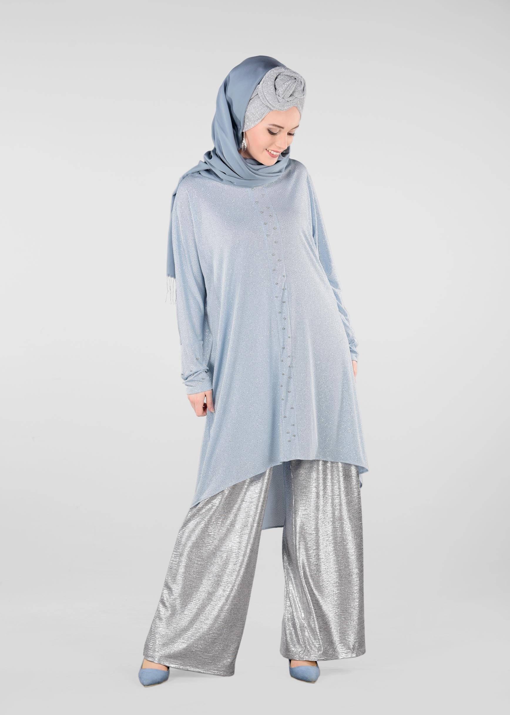 Tesettür giyim MAVİ BONCUKLU PARILTILI TUNİK 4078