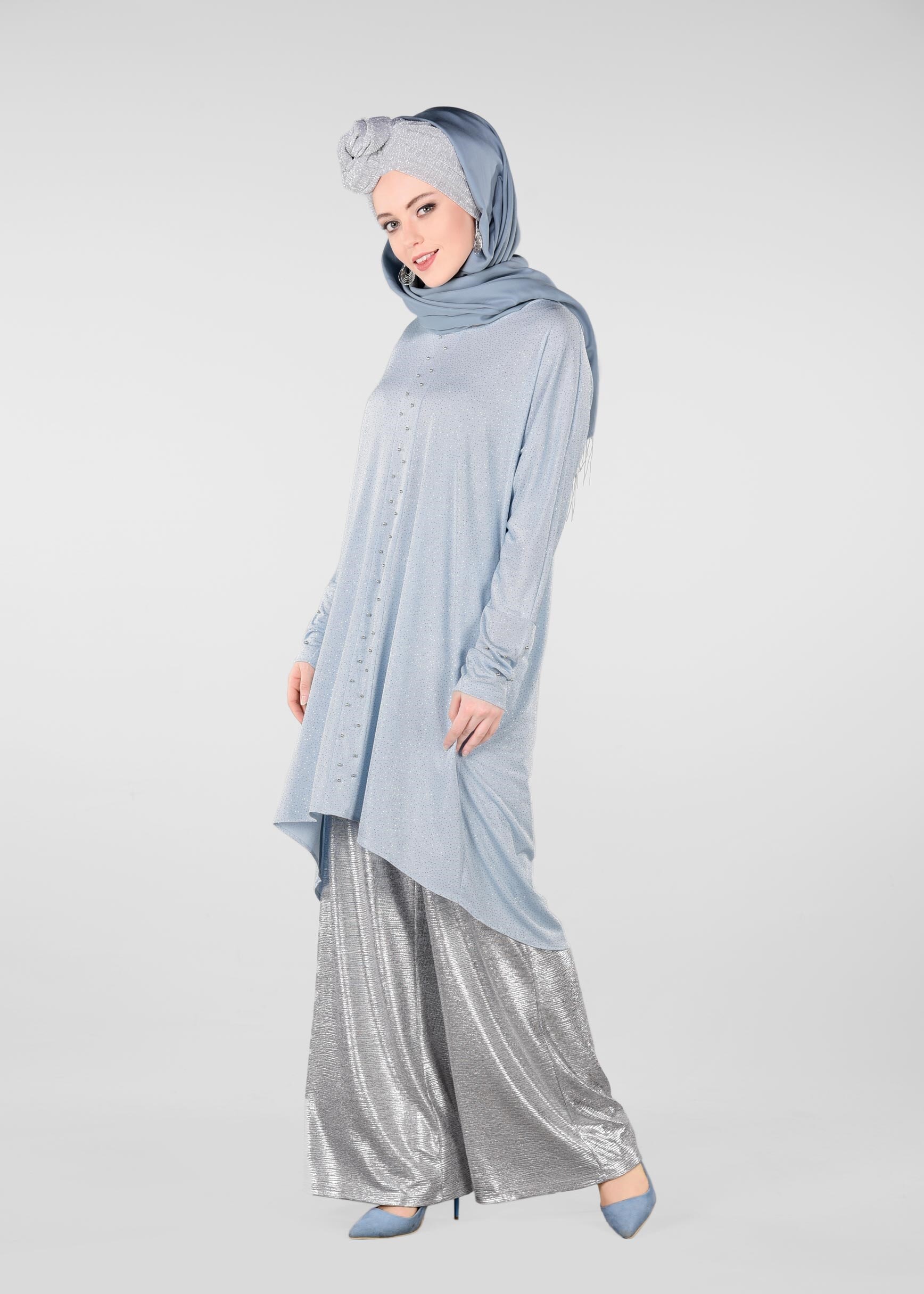 Tesettür giyim MAVİ BONCUKLU PARILTILI TUNİK 4078