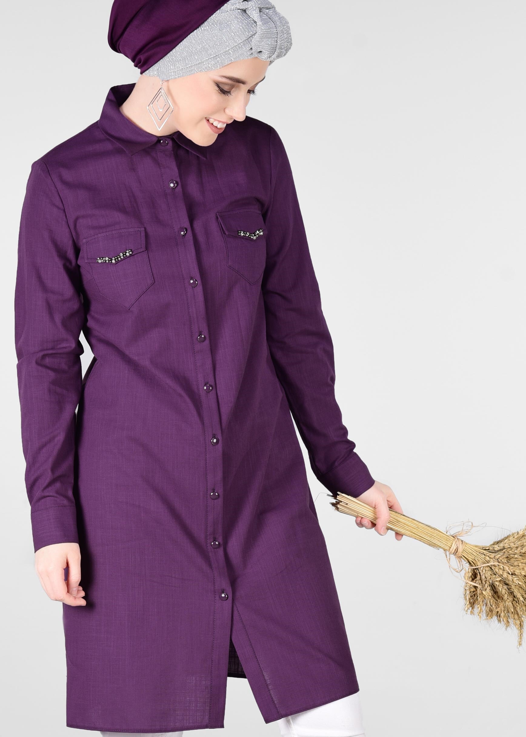 Tesettür giyim MOR CEP DETAYI BONCUKLU TUNİK 4172