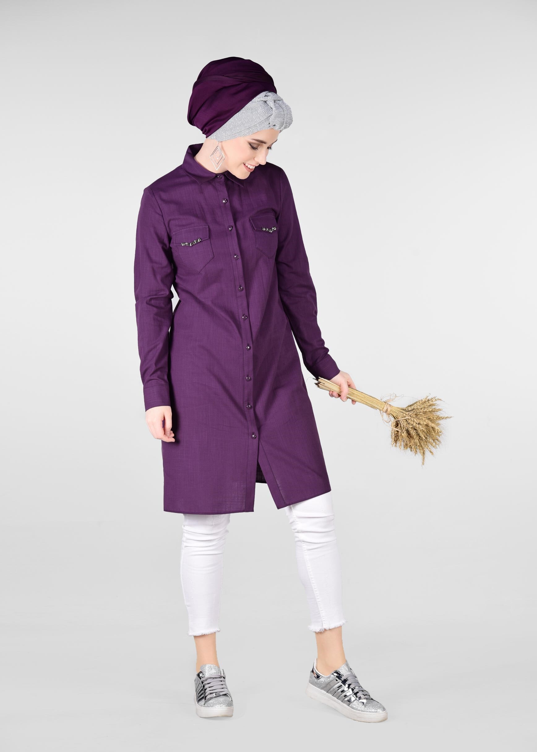 Tesettür giyim MOR CEP DETAYI BONCUKLU TUNİK 4172