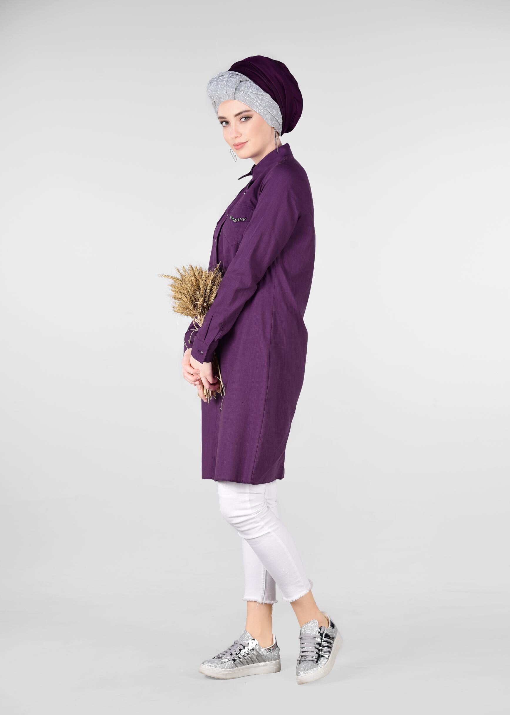 Tesettür giyim MOR CEP DETAYI BONCUKLU TUNİK 4172