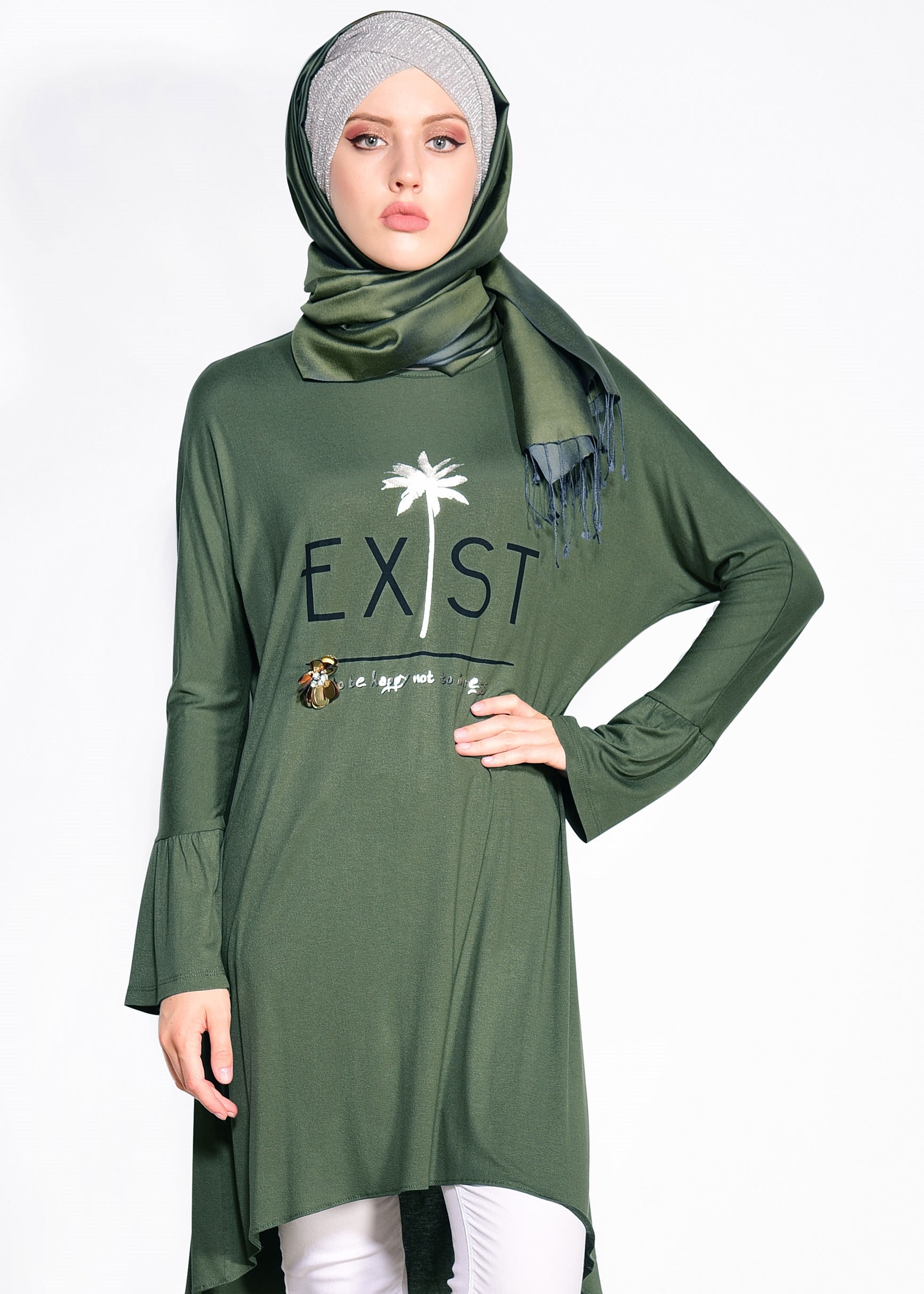 Tesettür giyim HAKİ KOLLARI FIRFIRLI BASKILI TUNİK 4179